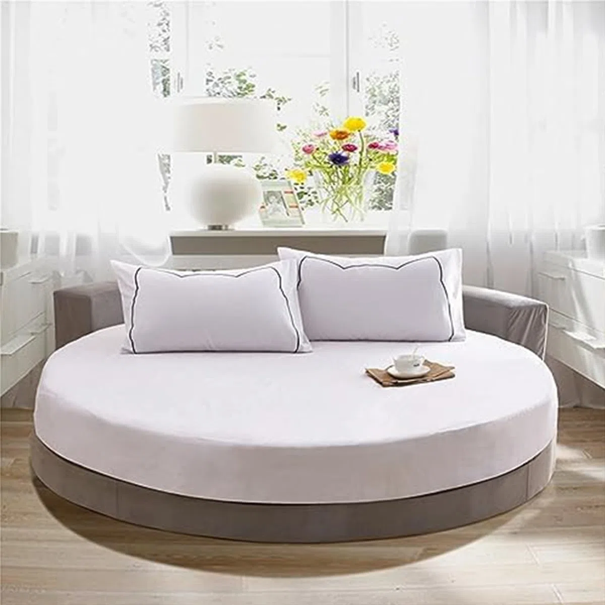FANSU Lenzuolo Sotto Rotondo Coprimaterasso,100% Cotone Elastic Lenzuolo,220x220 Lenzuola con Angoli Singolo Matrimoniale Bianco Coprimaterasso Traspirante Elasticità