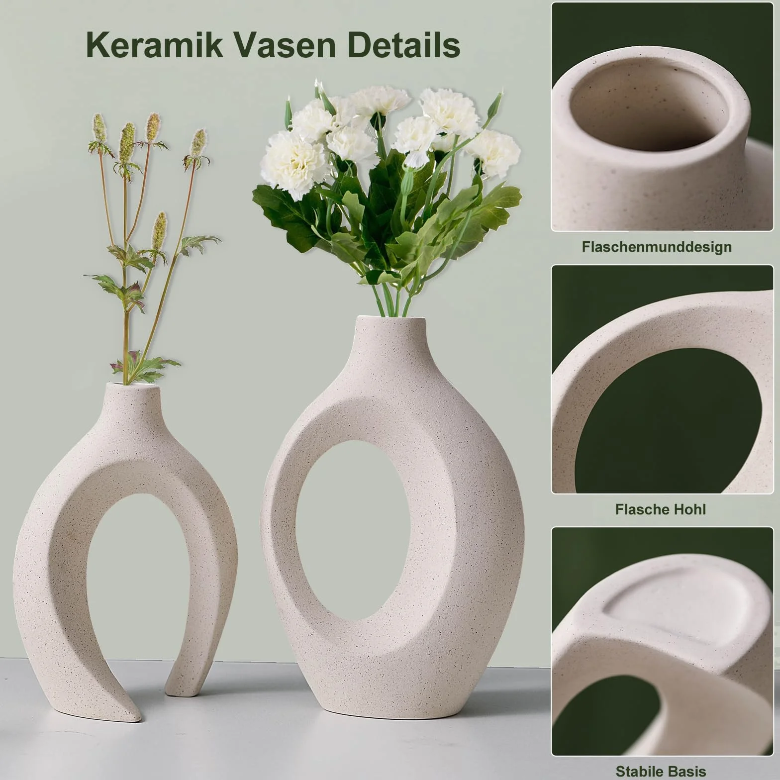 Set di 2 Vaso Cavi in Ceramica, Vaso Decorativo da Interno Moderno Beige per Nordico, Arredamento Casa Vasi di Fiori Estetici Boho Rotondi per Casa, Decorazioni Casa Vase, Beige