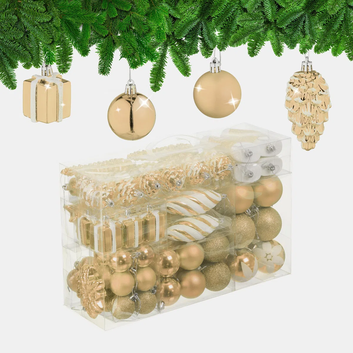 Relaxdays Palline di Natale, 72 Palle Natalizie Opache, Lucide, Glitterate, Pigne, Cuori, Regali, Plastica, Champagne