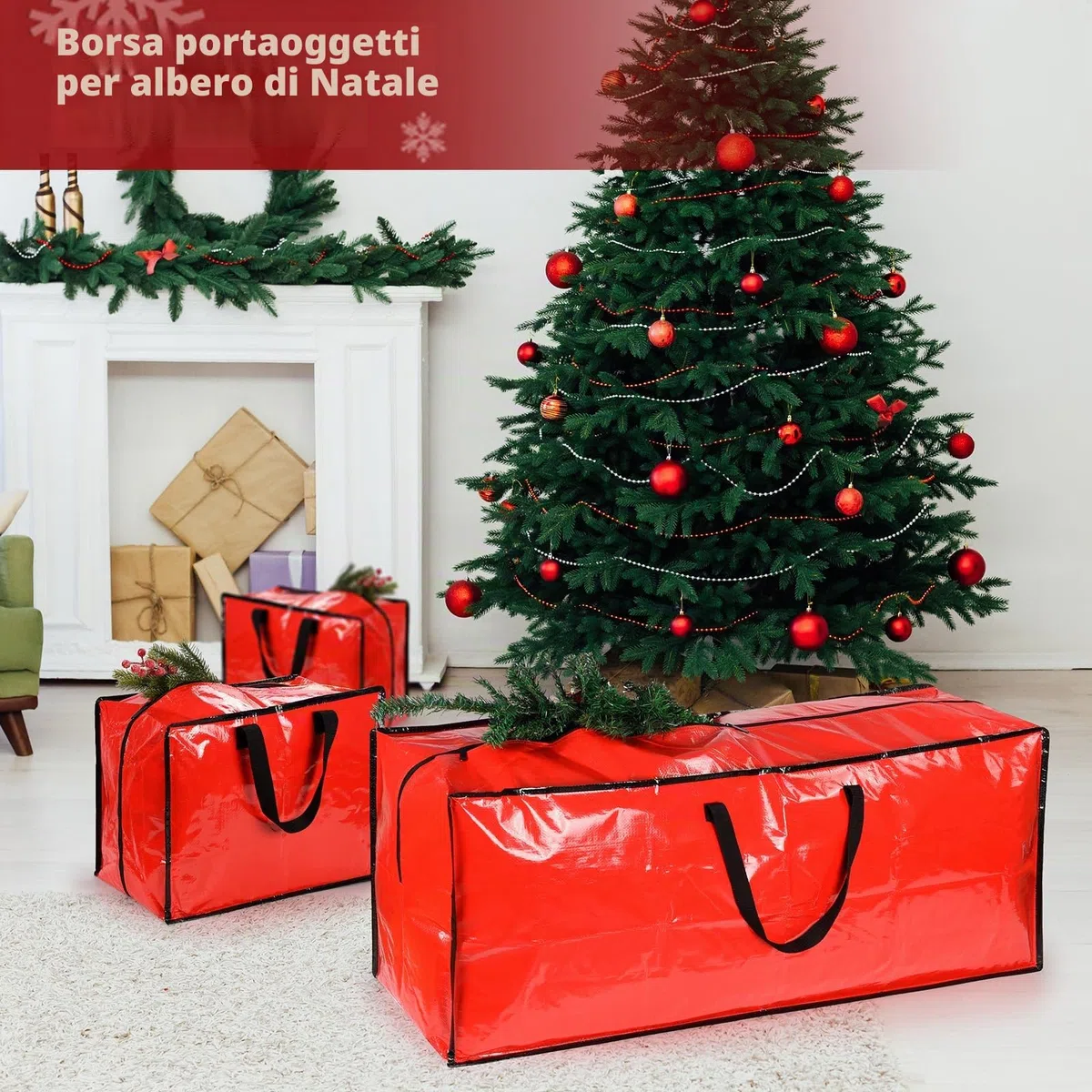 Confezione da 4 sacchetti extra large per riporre l'albero di Natale con 3 sacchetti per decorazioni natalizie per alberi di Natale, palline, scatola per riporre l'albero di Natale facile da