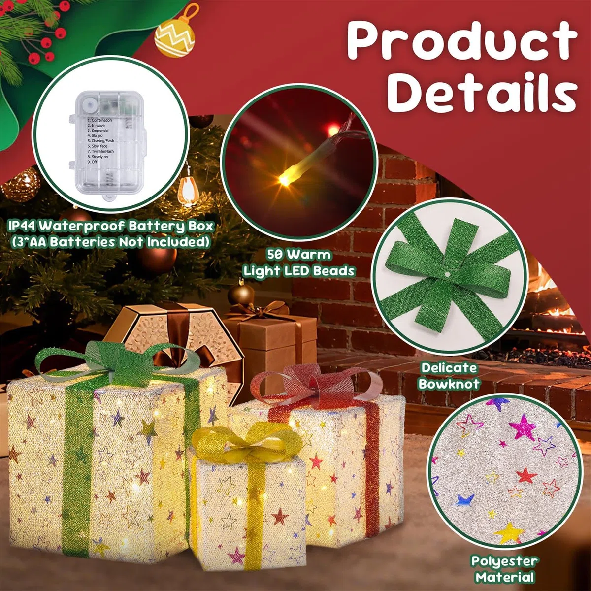 Lypumso Set di 3 Pacchi Regalo Luminosi Natale, 50Leds Scatole Regalo di Natale Stella 8 modalità con Telecomando e Timer, Batteria, LED Scatole Natalizie Luminose per Decorazioni Natalizie, Albero