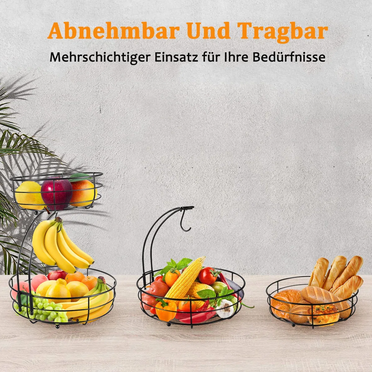 Cesto per frutta con porta banana – 2 ripiani in metallo – Cucina in piedi moderni ciotole per frutta – Cestino decorativo per frutta – Nero