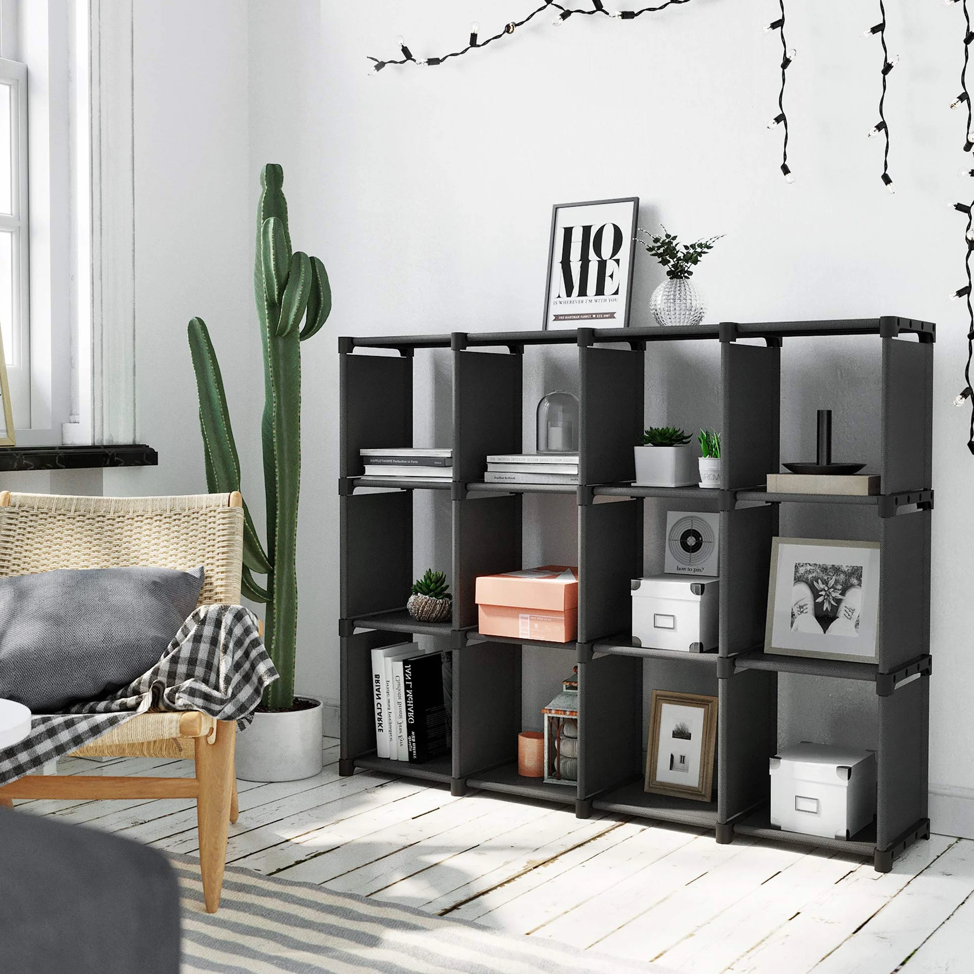 SONGMICS Armadietto Modulare a 12 Cubi, Scaffale Portaoggetti, Libreria per Decorazioni, Cornici per Foto, Organizzatore per Studio, Ufficio, Soggiorno, Nero LSN12BK