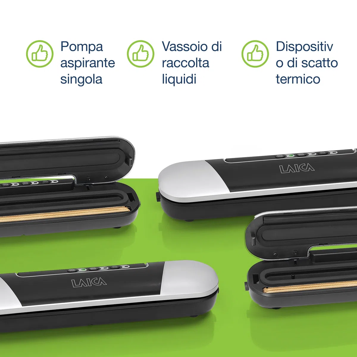 LAICA Sigillatrice a Caldo e Macchina Sigillatrice Sottovuoto per Alimenti - Design Compatto, Conservabile in un Cassetto - Preservazione dei Cibi Freschi e Cotti - con Fornitura 2 Extra di Sacchetti
