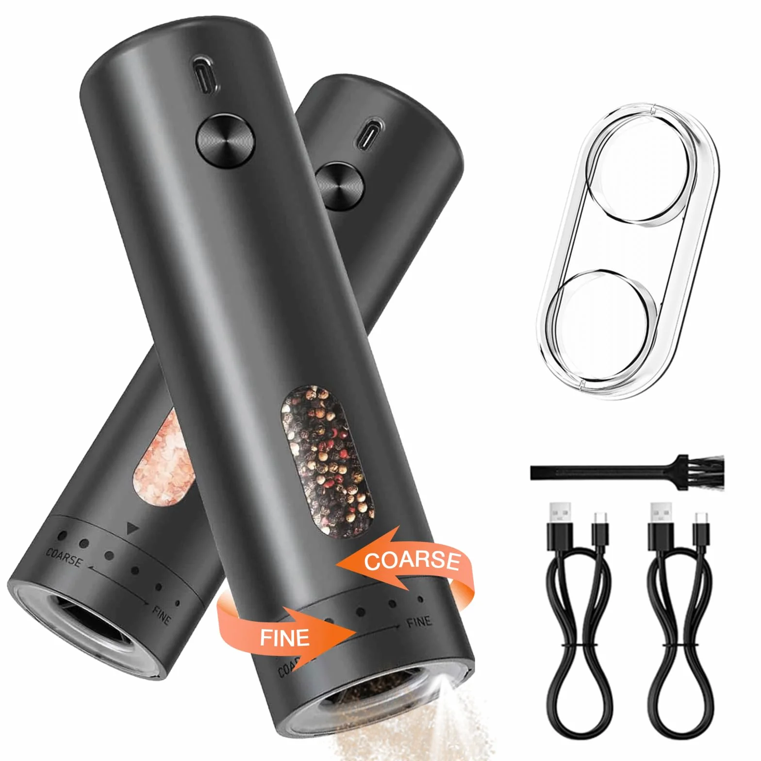 MERTTURM Set Macinapepe e Sale Elettrico, Macinino Ricaricabile USB con Base Trasparente/Cerinca, Grana Regolabile, Funzionamento a Una Mano, Macinino Portatile per Cucina/Casa/BBQ
