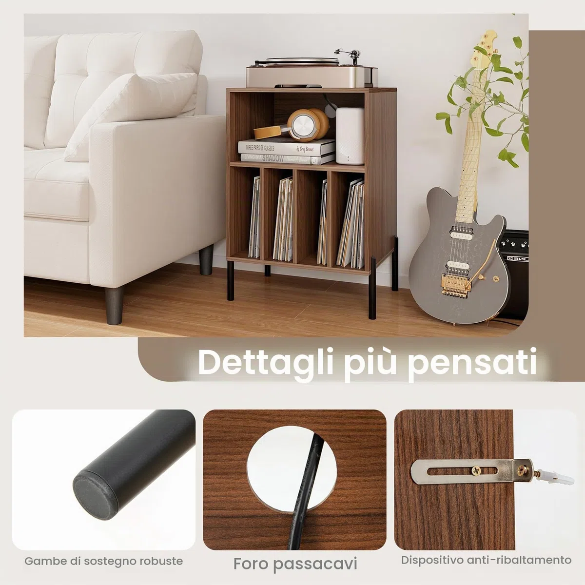 KOMFOTTEU Supporto per Giradischi in Vinil con Stazione di Ricarica, Porta Dischi Vinile Vintege con 5 Scomparti Aperti, Espositore per Dischi Fino a 145 Album per Soggiorno, 53x45x78,5cm (Noce)