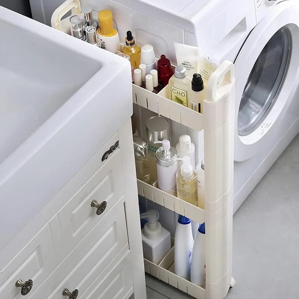 Carrello di Stoccaggio 3-Livello, 10cm Carrello Portaoggetti Scaffale con Ruote, Carrellino Salvaspazio per Cucina Bagno Lavanderia Sedili Stretti, Bianco (Size : 3 Layers - Heighten)