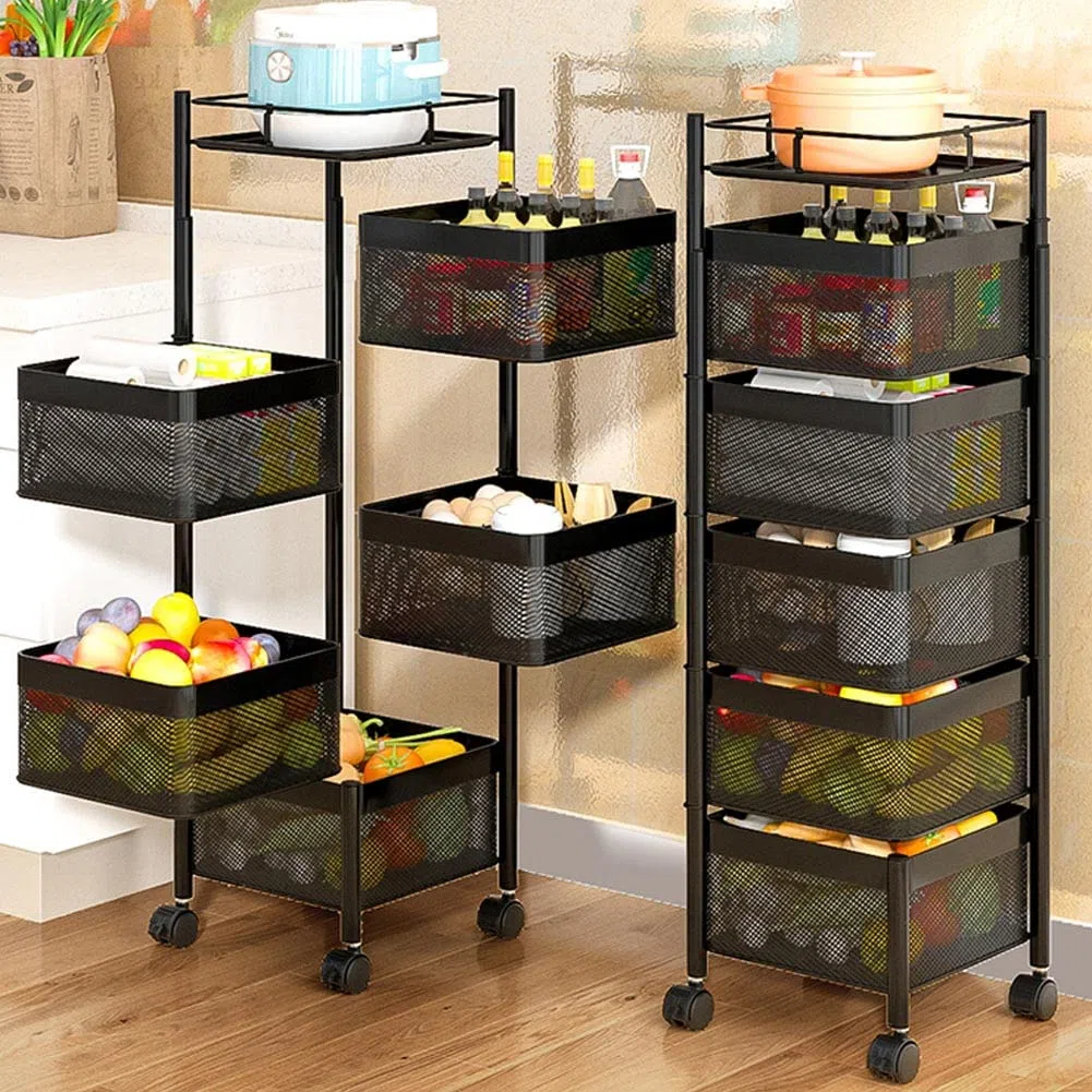 BAKAJI Carrello Trolley Cucina in Metallo con 5 Ripiani a Cesto Apribili e 4 Ruote girevoli a 360 Gradi Trolley Salvaspazio Arredamento Casa Cucina Dimensione 85 x 26 cm Design Moderno (Quadrato)