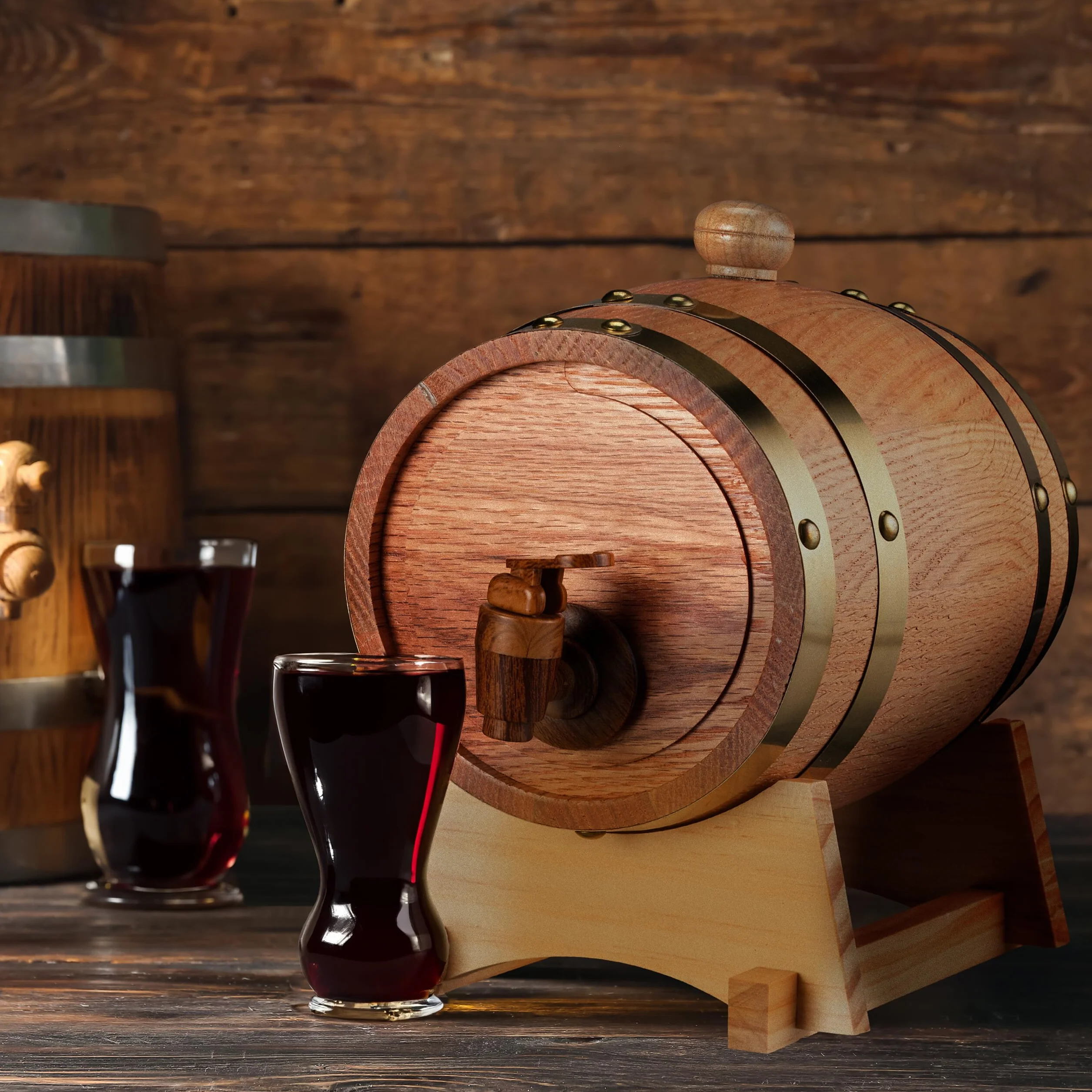 Relaxdays Botte da 1,25 Litri per Liquori, Piccolo Barile in Legno di Quercia, con Rubinetto, per Whisky, Vino, Marrone