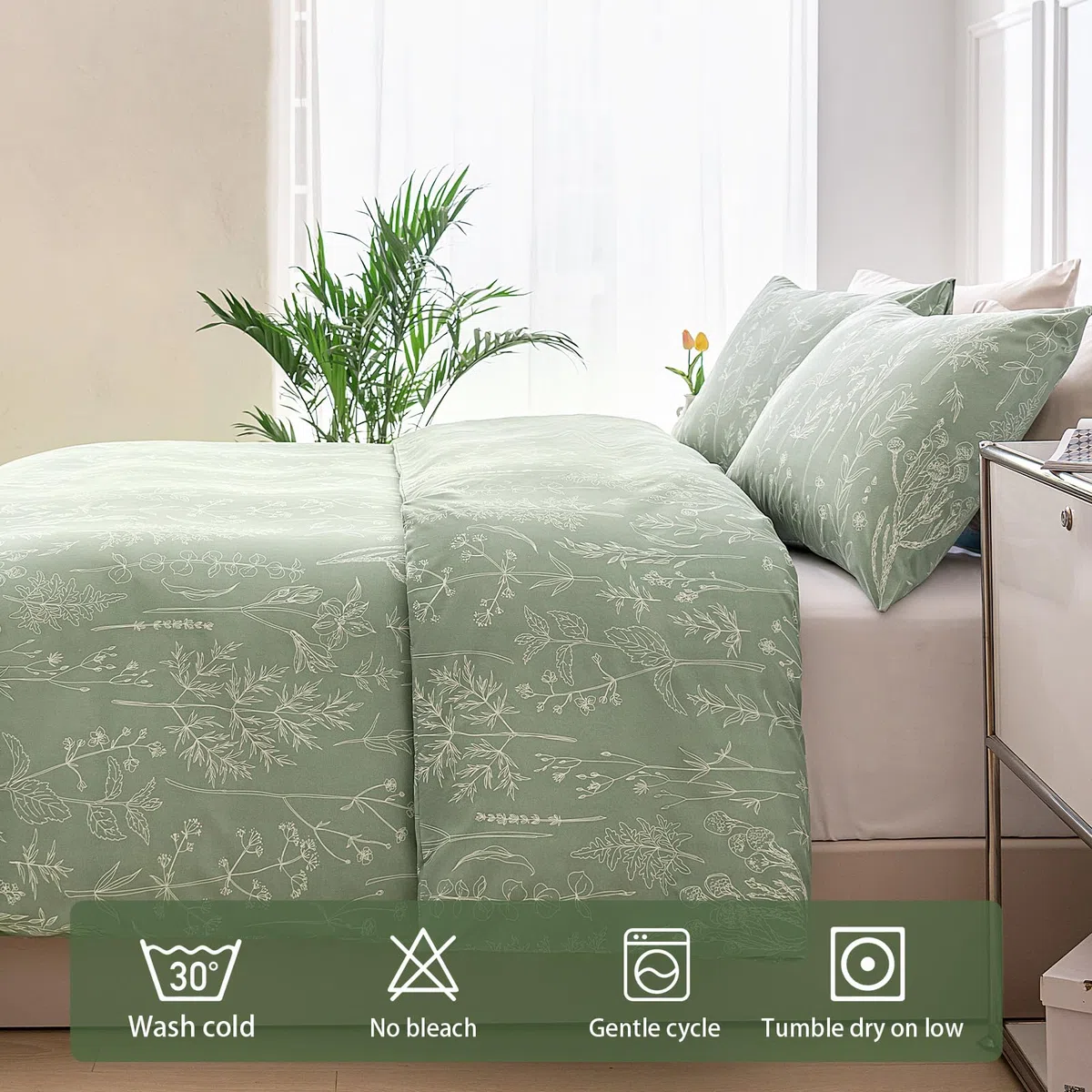 Tokokimo Set Copripiumino Matrimoniale 240x220 cm 100% Microfibra Stile Rami e Foglie Dipinti a Mano, Copripiumone Morbido e Resistente Alle Rughe, 1 copripiumini + 2 Federa 50x80, Verde Salvia