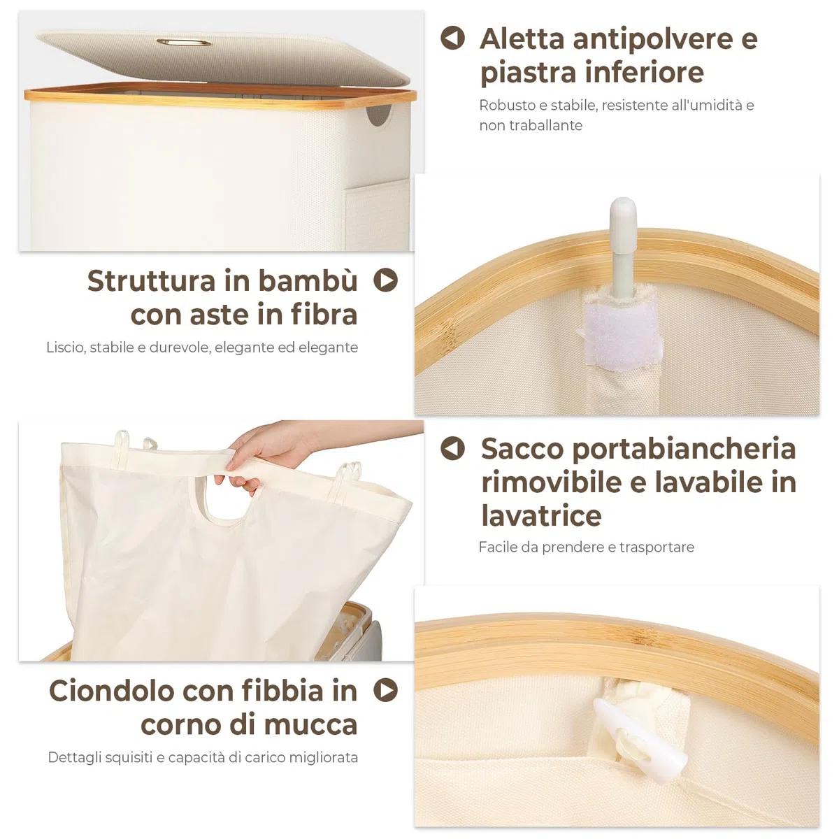 OUSFOT Cesto per la Biancheria con 3 Scomparti per Vestiti Sporchi Manico in bambù 158L con CoperchioTasca Posteriore Pieghevole in Rete Cesto per la Biancheria Beige