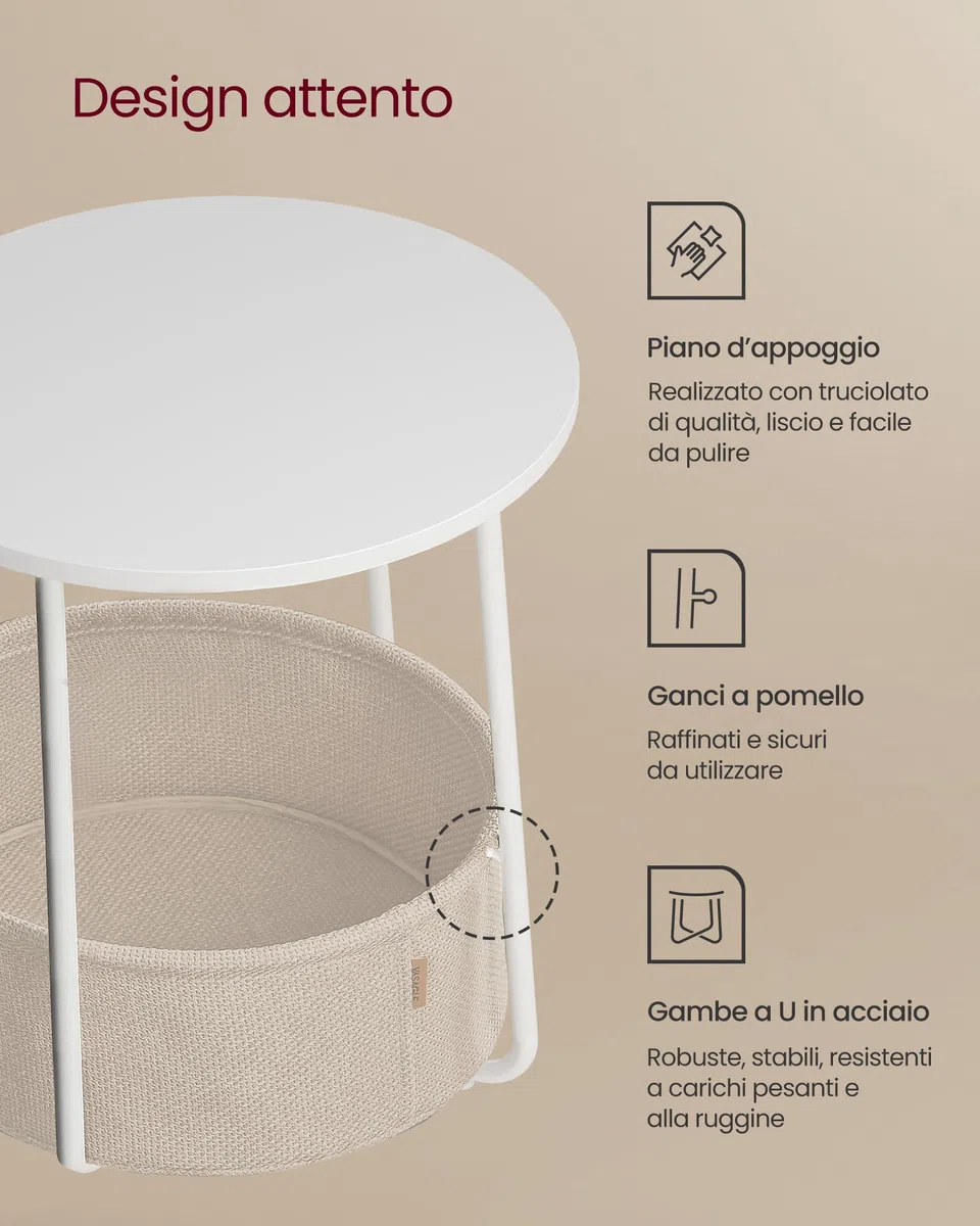 VASAGLE LILEA Collezione - Tavolino, Tavolino Rotondo con Cestino in Tessuto, Spazioso, per Soggiorno Camera da Letto, Comodino, Stile Moderno, Bianco Opaco e Marrone Cammello LET223W10