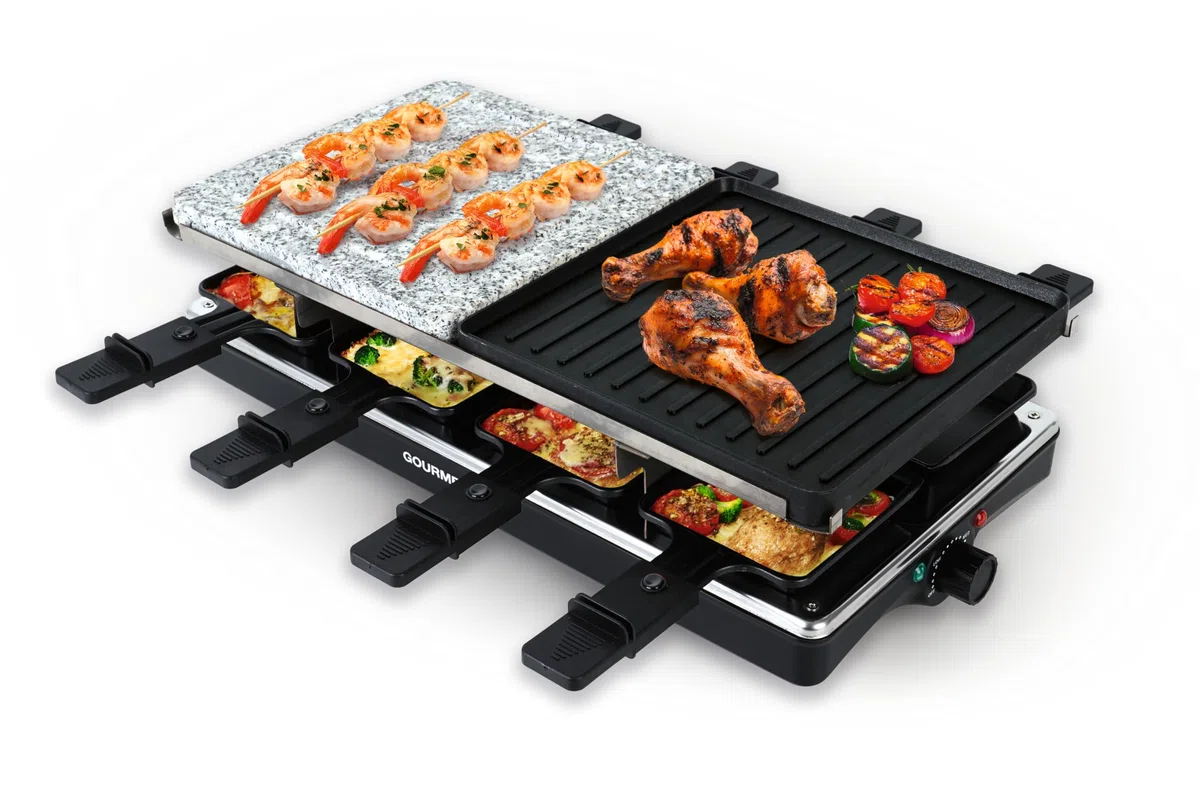 GOURMETmaxx Raclette 2 in 1 Set per 8 persone | Raclette con piastra in pietra e piastra in alluminio con 8 padelle e raschietti | Combinazione raclette con regolazione della temperatura | Griglia