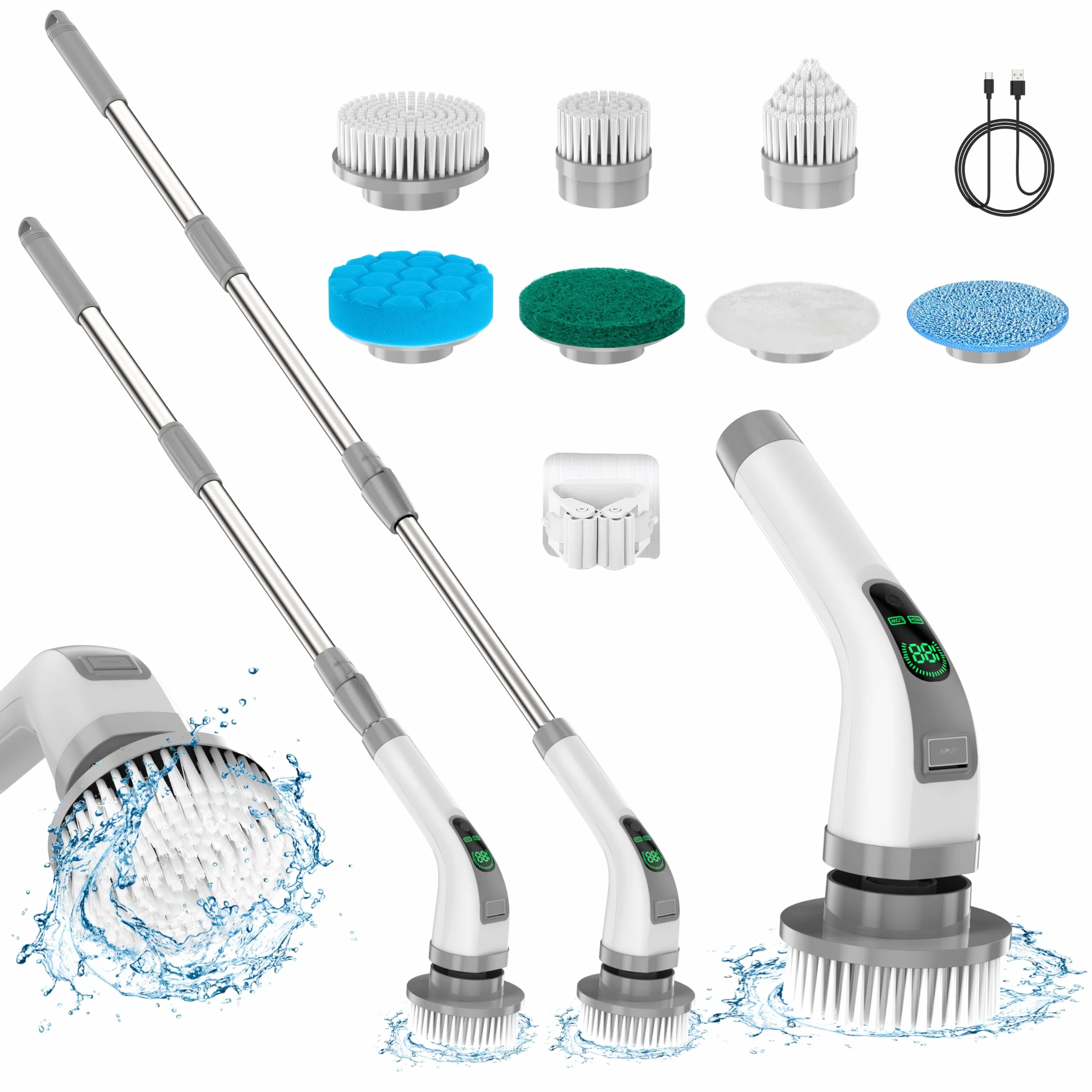 Spazzola elettrica rotante, spazzola elettrica per la pulizia 7 in 1 2025 Upgrade, potente pulizia a 360 giri/min, spazzola per il bagno da 1,5 ore a doppia velocità con braccio di prolunga per cucina