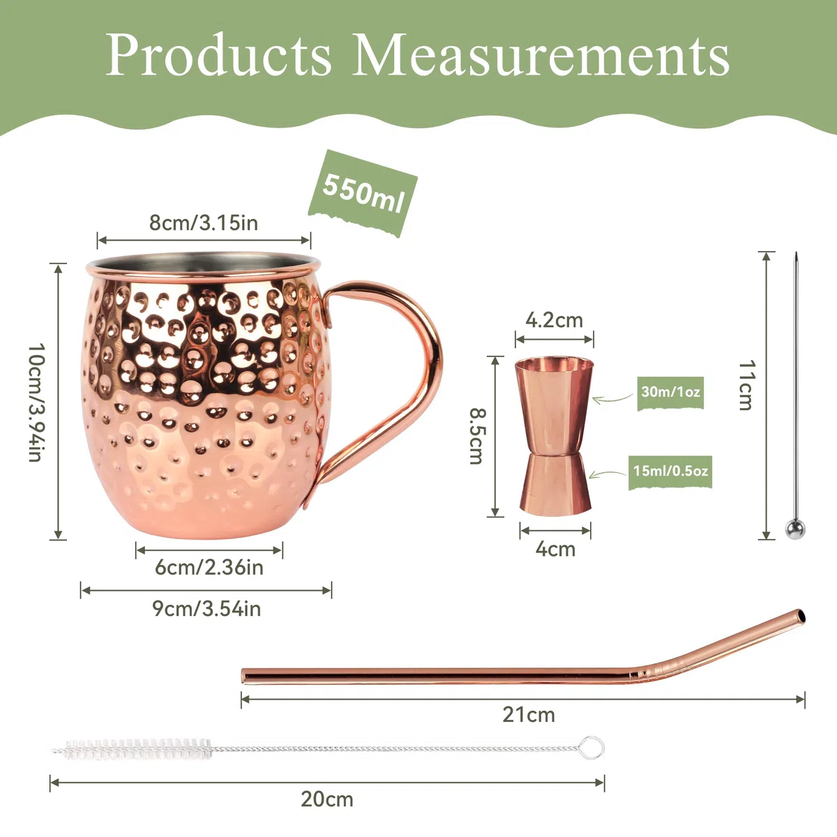 Bicchieri Moscow Mule Rame,Set di 4 Tazze Moscow Mule,Boccali Placcati Rame Fatto a Mano in Acciaio Inossidabile 550ml,Bicchieri Cocktail Mugs con Cannucce Spiedini Mosurino Scovolino
