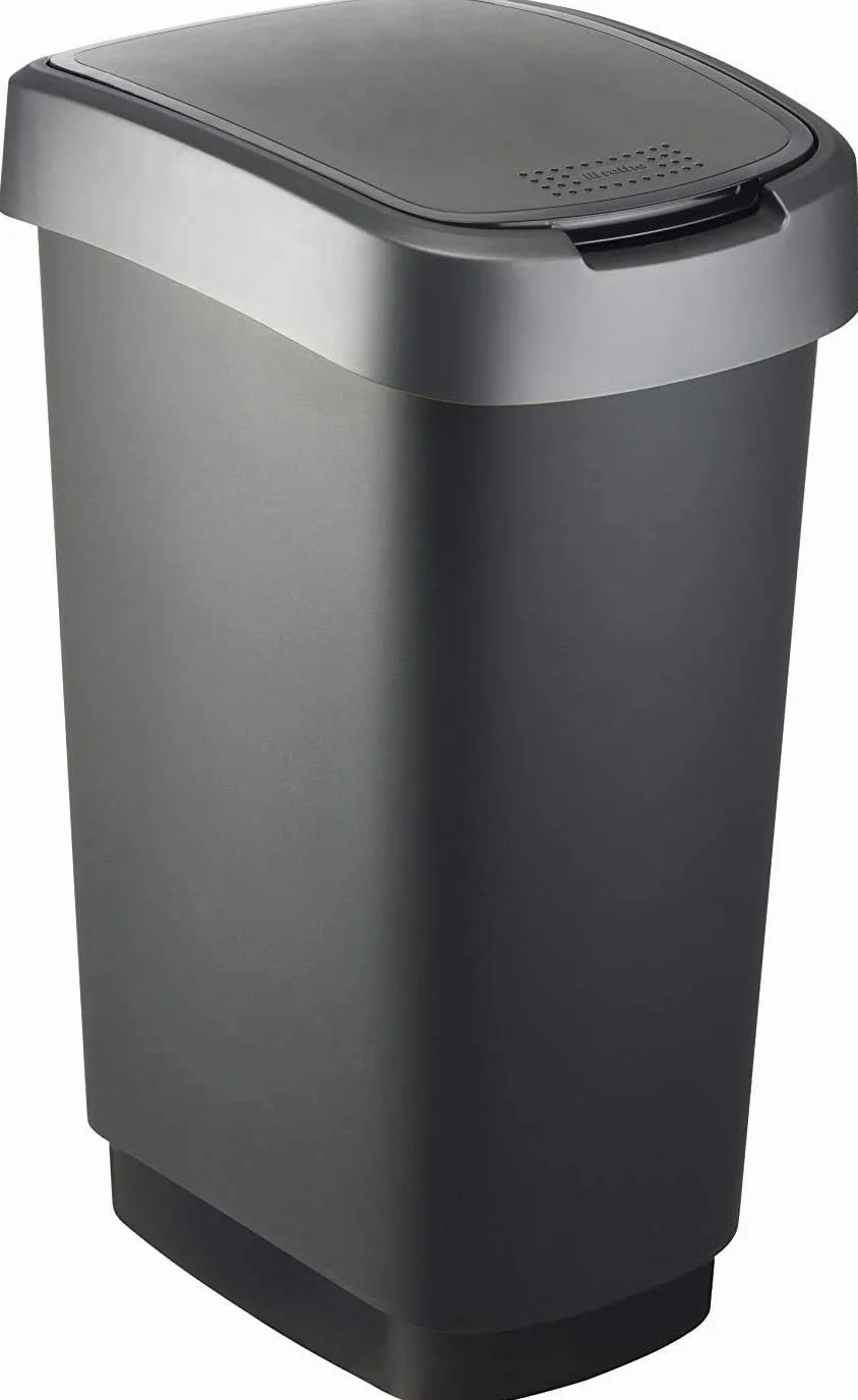 Rotho Twist Portarifiuti con Coperchio, può Essere Usato come Coperchio a Battente o a Cerniera, Plastica (PP) senza BPA, Nero/Argento, 50 L, 40.1 x 29.8 x 60.2 cm