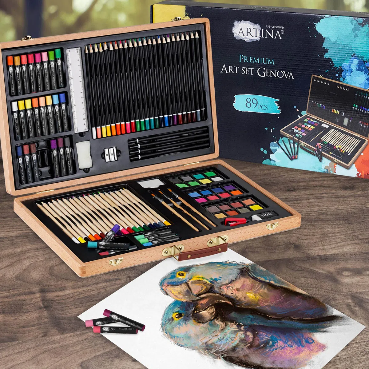 Artina 89 Pezzi Set Pittura con Valigetta in Legno – Matite, Colori a Cera, Acquerelli, Pennelli – Kit Pittura per Bambini e Adulti – Set per Dipingere Bambini Artistico e Regalo di Natale – Genova