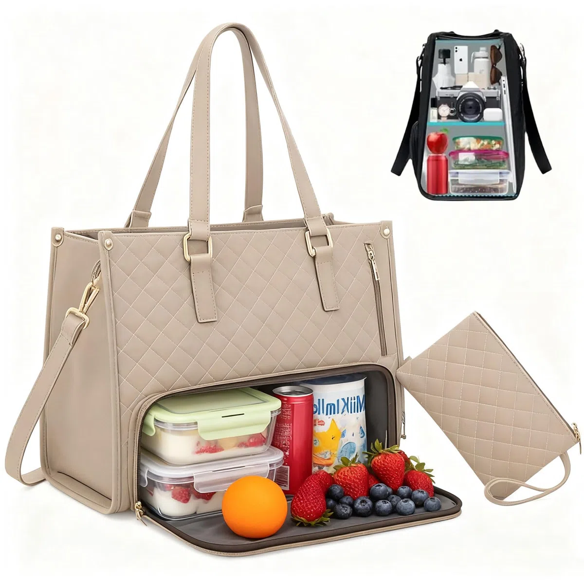 Borsa per il pranzo da donna 2 in 1, 15,6 pollici, borsa per il pranzo isolata, elegante borsa multifunzione per lavoro, università, ufficio e viaggi (Kaki)