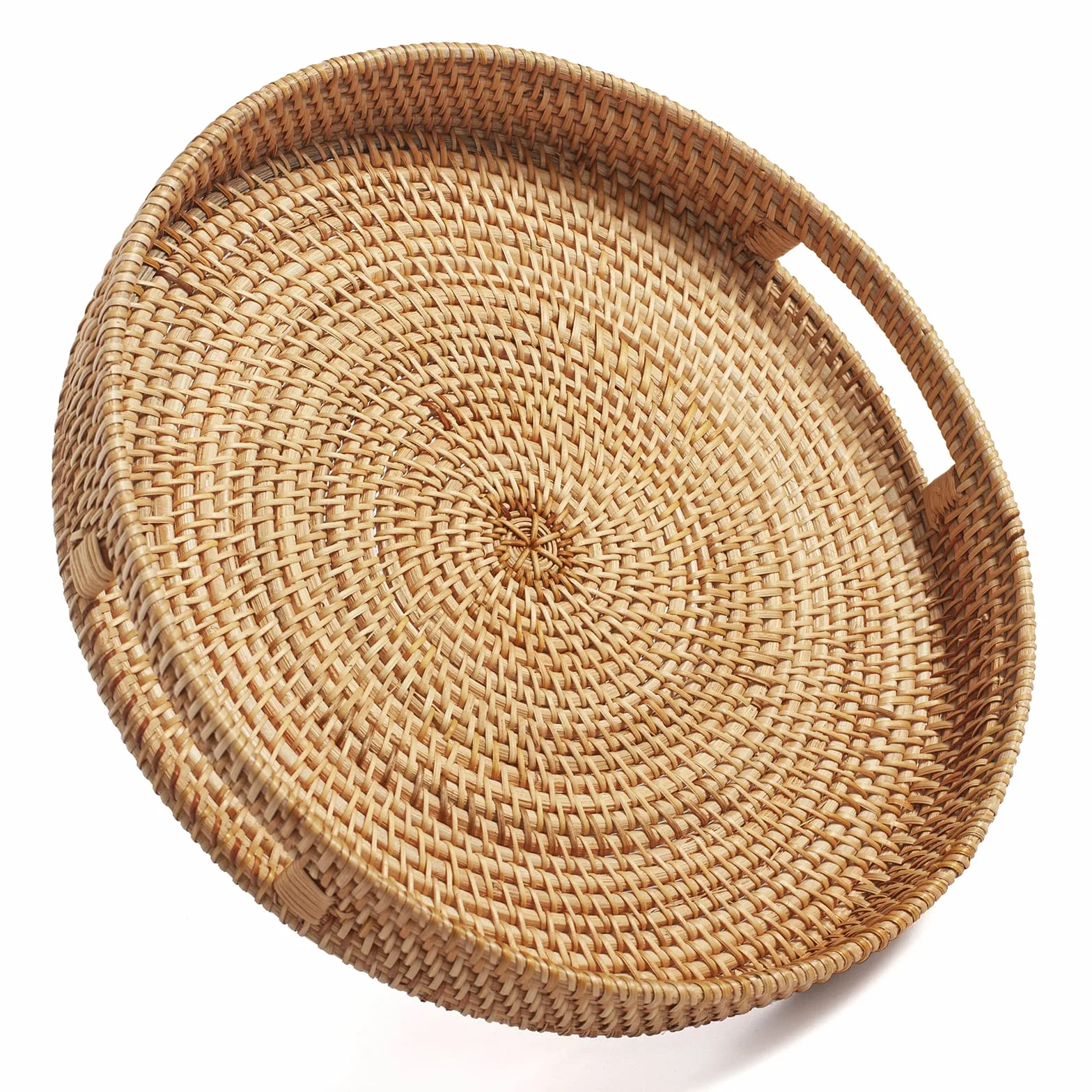 Rotondo Rattan Vassoi da Portata con Manici Vassoio Tavolino Vassoio Decorativo Intrecciato per Ottomano Naturale (34cm x 7cm)