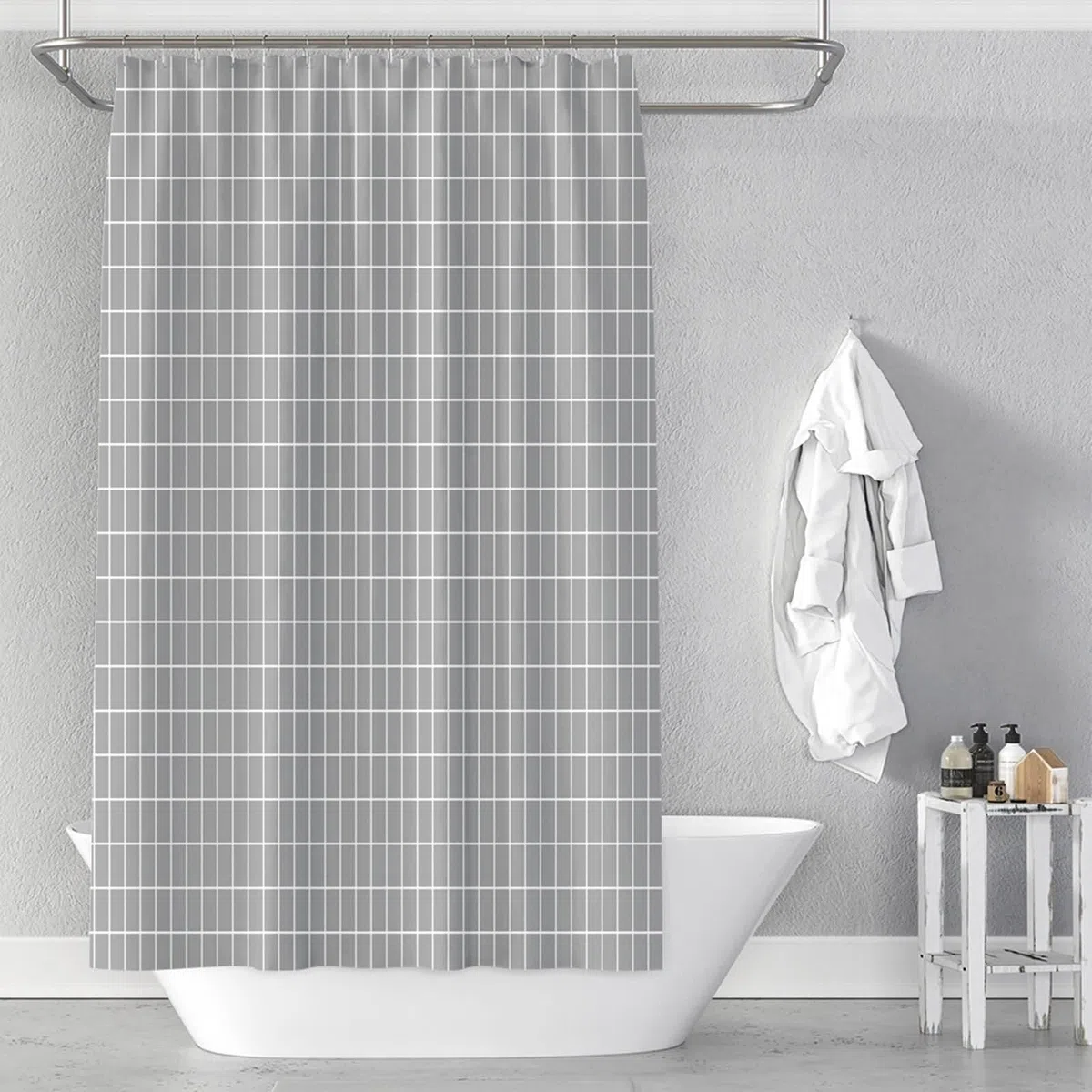 Occhielli Tende Bagno,200 W x 230 H CM,Tende Doccia Bianco Grigio Modello Rettangolare Tende Doccia Poliestere Tende per Doccia con Ganci