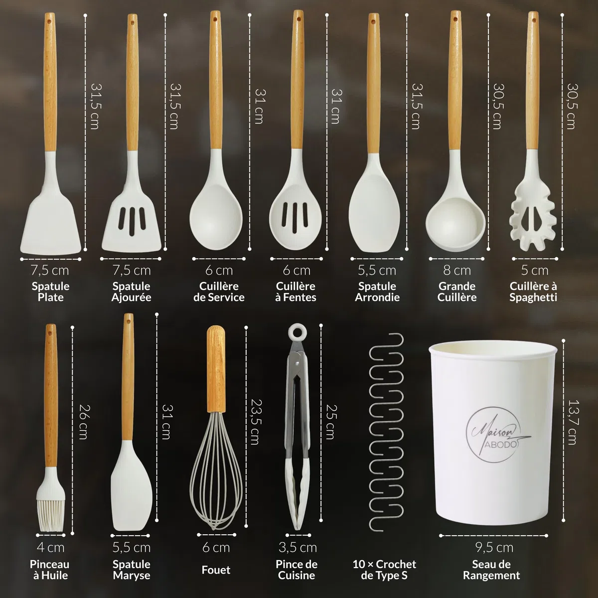 Mestoli Cucina, Set Utensili Cucina 22 Pezzi, Set Mestoli Silicone Senza BPA con Manico in Legno, Set Cucina Antiaderente con Porta Utensili - Bianco