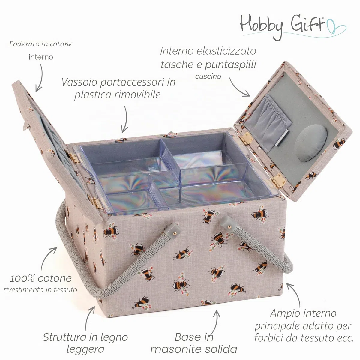 Hobby Gift Scatola Grande per Cucito con Doppio Coperchio e Manico - Cestino Porta Cucito in Cotone con Scomparti per Strumenti e Accessori Creativi - 25 x 25 x 17 cm, Api