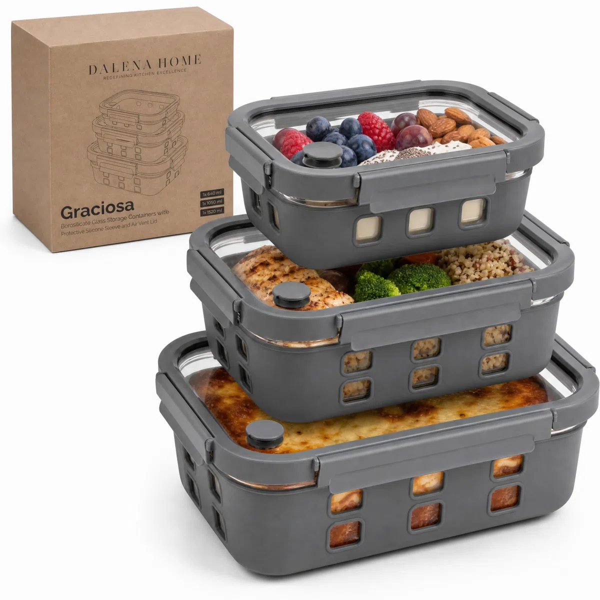 Meal Prep Contenitori Set 1x640ml, 1x 1050ml, 1x1520ml – Vetro borosilicato, ermetici, impilabili, microonde con valvola vapore, protezione silicone, contenitori vetro per alimenti