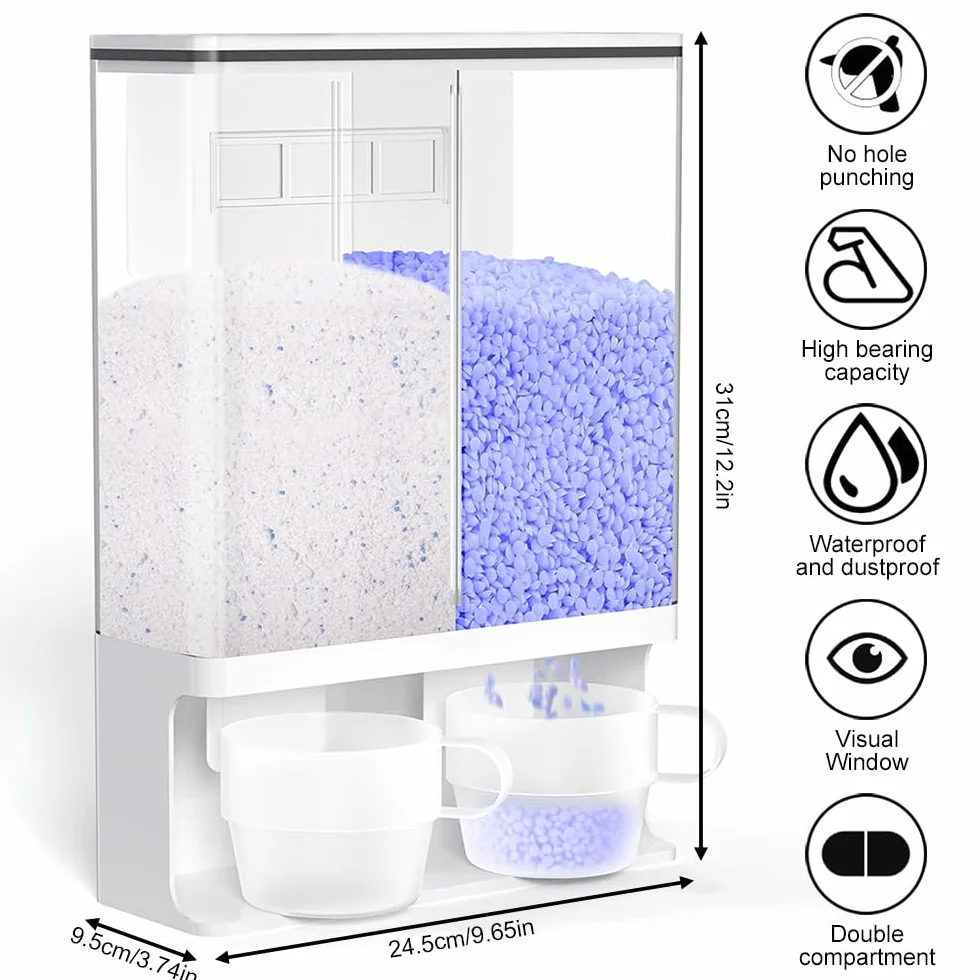 Contenitore per detersivo in polvere da 3 l, con 2 tazze, doppio dispenser per detersivo da parete, con coperchio, per perline di riso, cereali, cereali, cibo