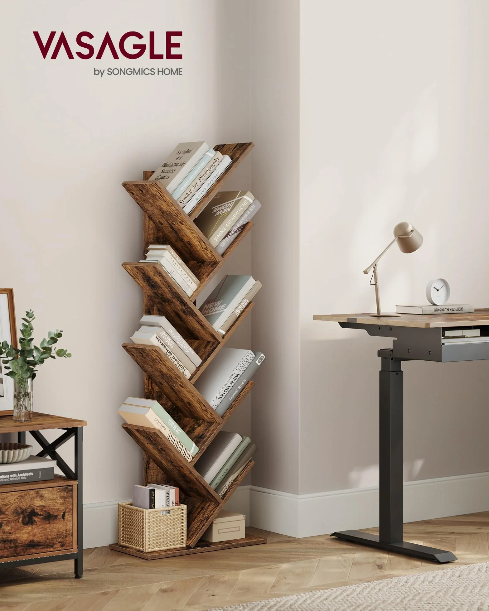 VASAGLE Libreria Scaffale ad Albero a 9 Ripiani, Salvaspazio, Libreria Verticale, per Camera da Letto Soggiorno Studio Ufficio, Marrone Vintage LBC11BX
