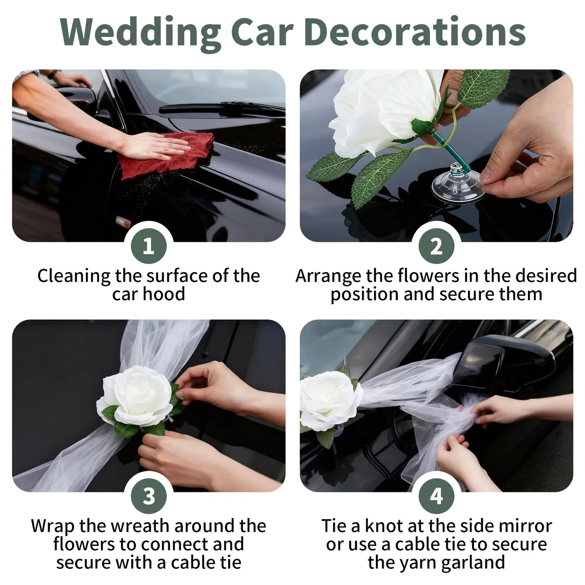 Decorazioni Auto Matrimonio 2 Nastri in Organza Bianca da 160 cm Kit Decorazione Auto Matrimonio con 9 Coccarde Decorazione per Auto Decorazione Forniture di Nozze