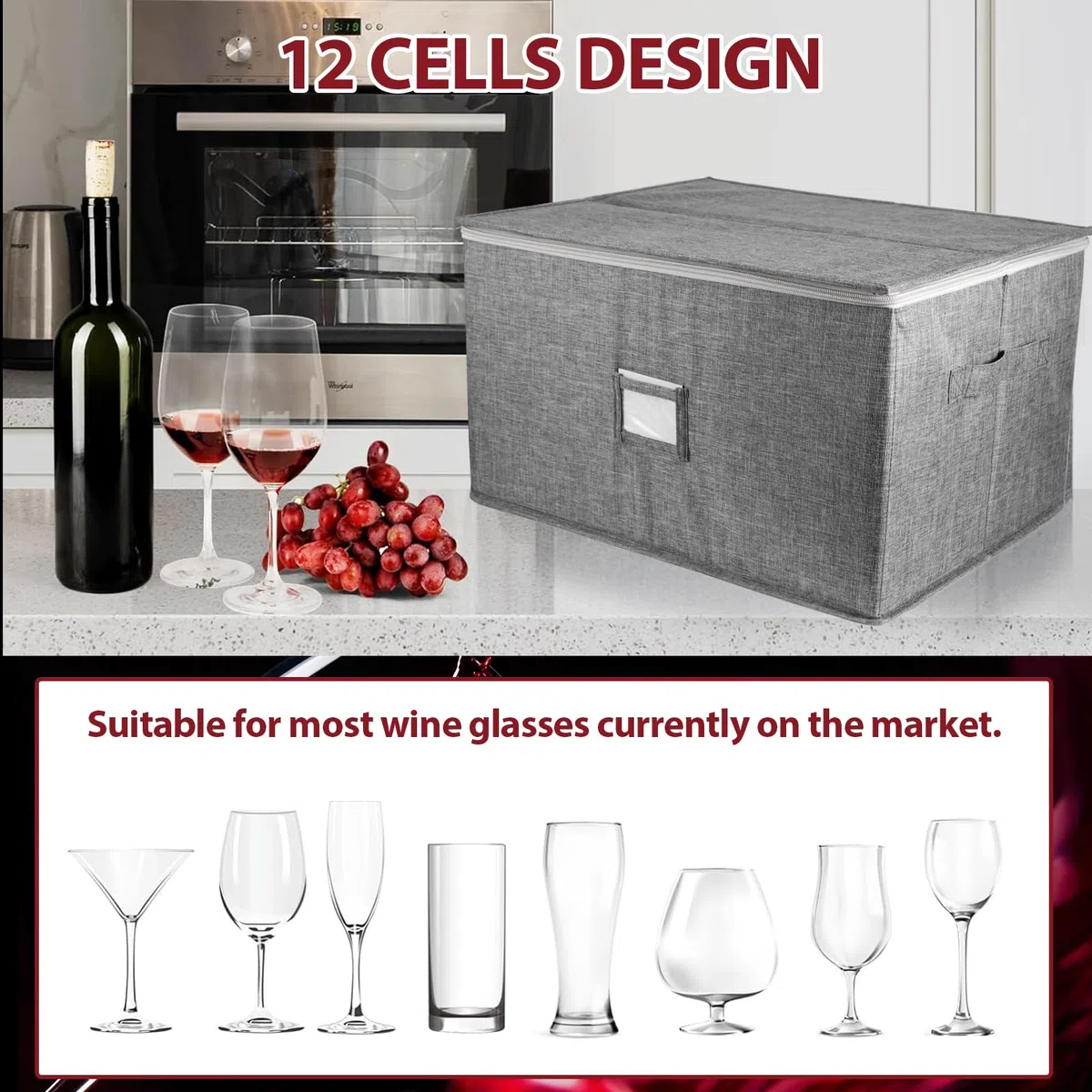 OUZHOU Scatola portaoggetti per bicchieri da vino con 12 divisori, porta calici, custodia per bicchieri da vino con finestra per etichette, contenitore per bicchieri da vino, cucina, feste, viaggi