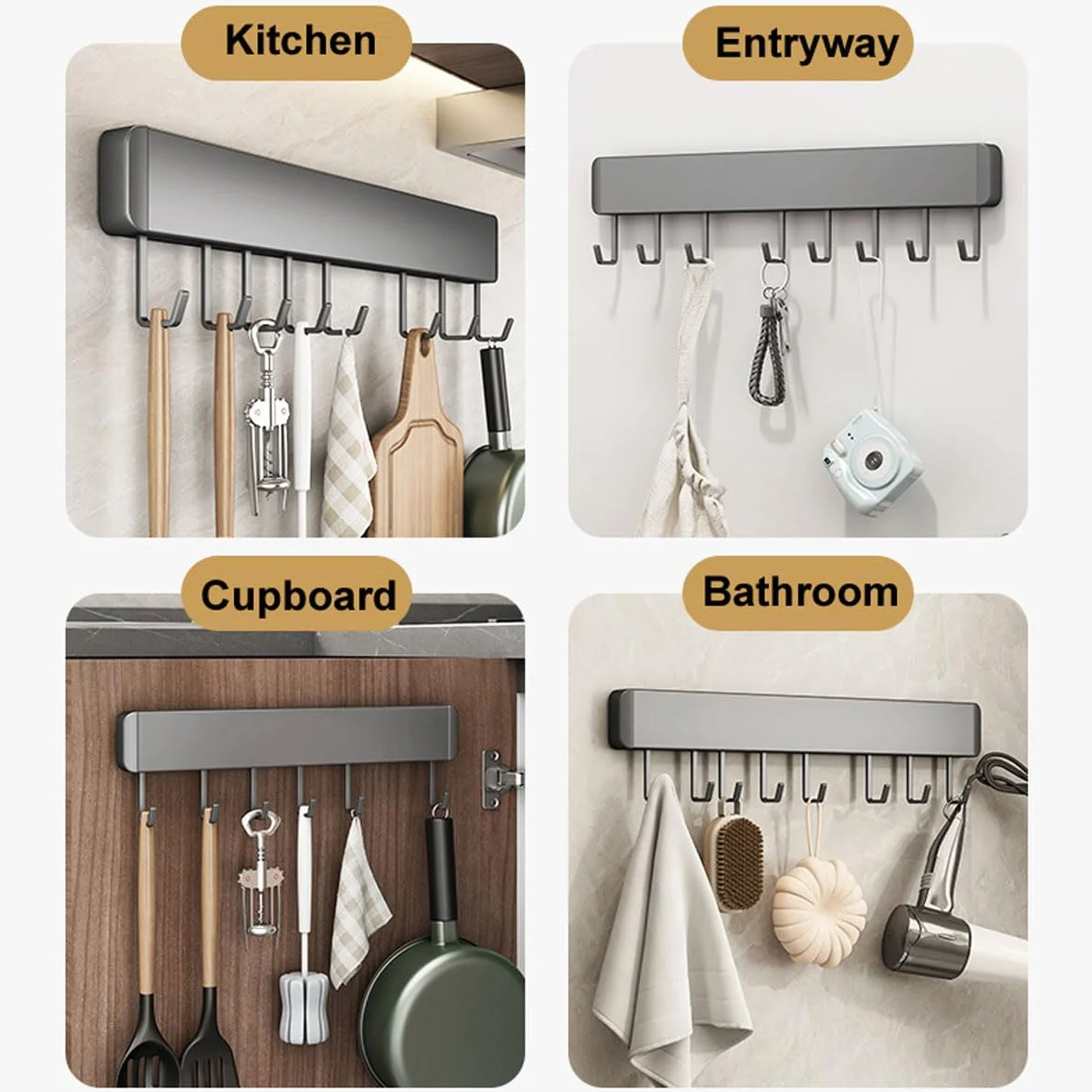 Porta Utensili da Cucina Parete Adesivo, 50cm Barra Portautensili Cucina con 10 Gancio, Barra per Gadget Alluminio per Cucina e Bagno, Grigio