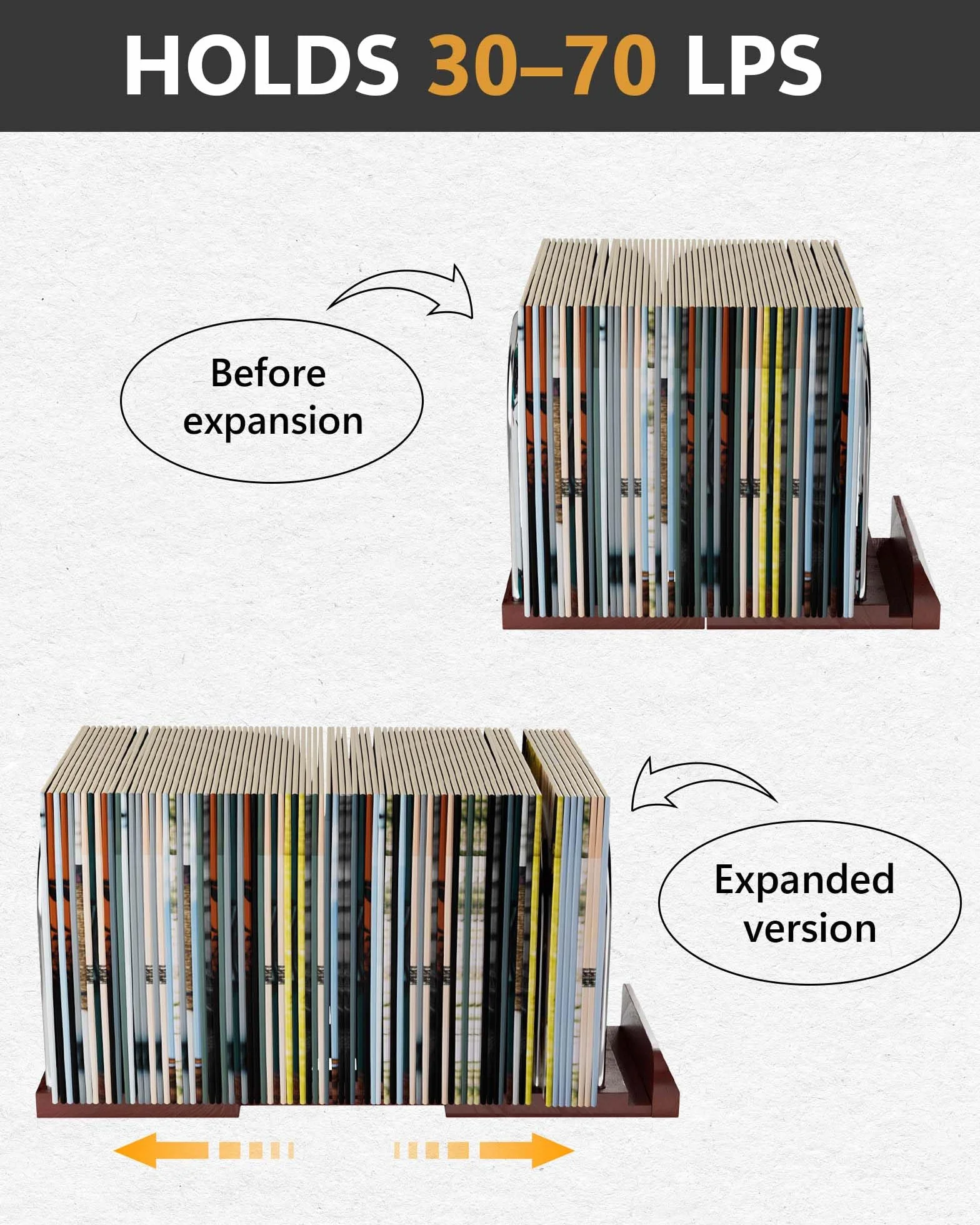 BS-VOG Supporto per dischi in vinile, supporto espandibile per 30-70 LP, espositore per album, robusto supporto in vinile per decorazioni domestiche e amanti della musica
