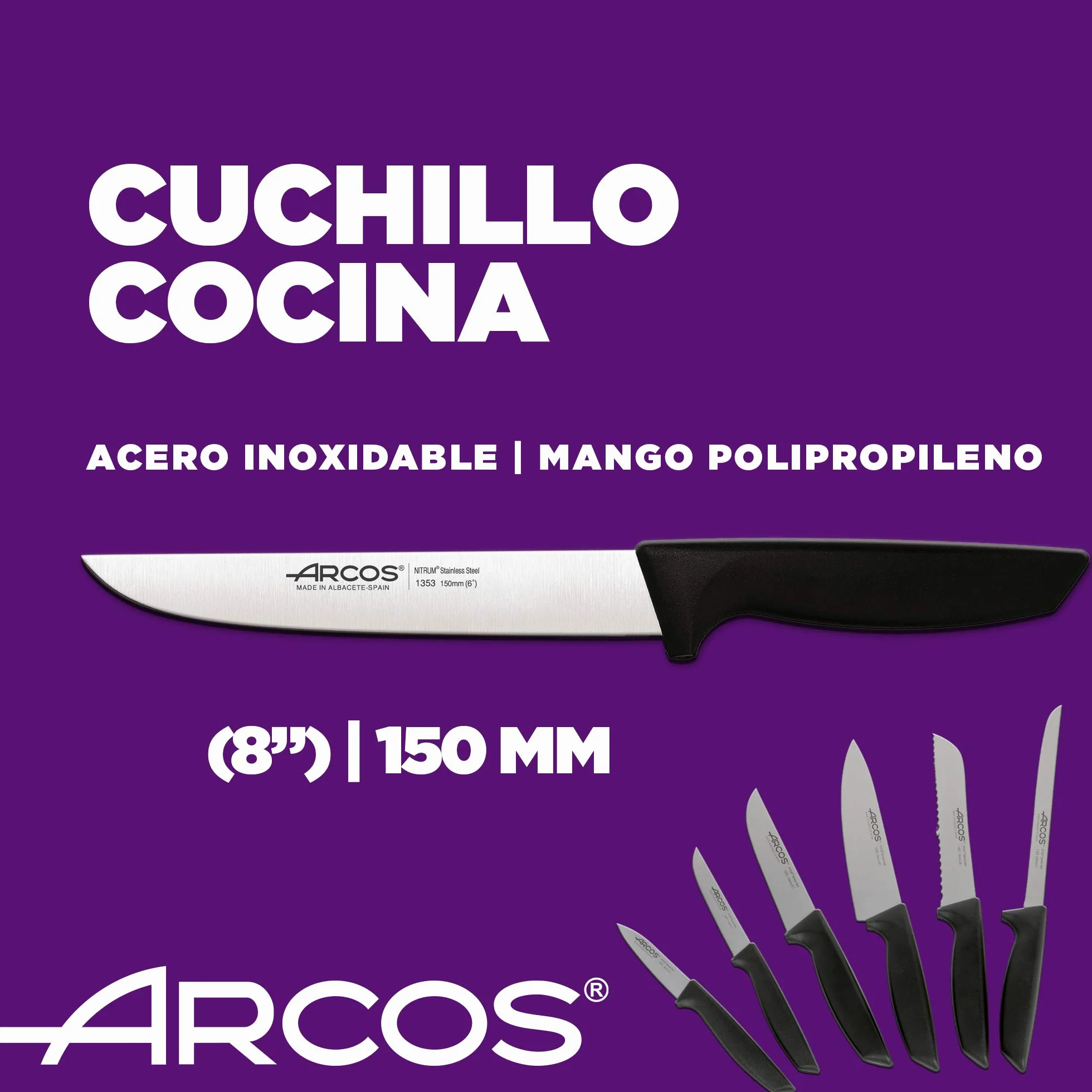 Arcos Set di coltelli da cucina professionali | coltelli da cucina professionali | 6 pezzi | coltelli in acciaio inox manico nero | utensili da cucina serie Nizza | lavabile in lavastoviglie