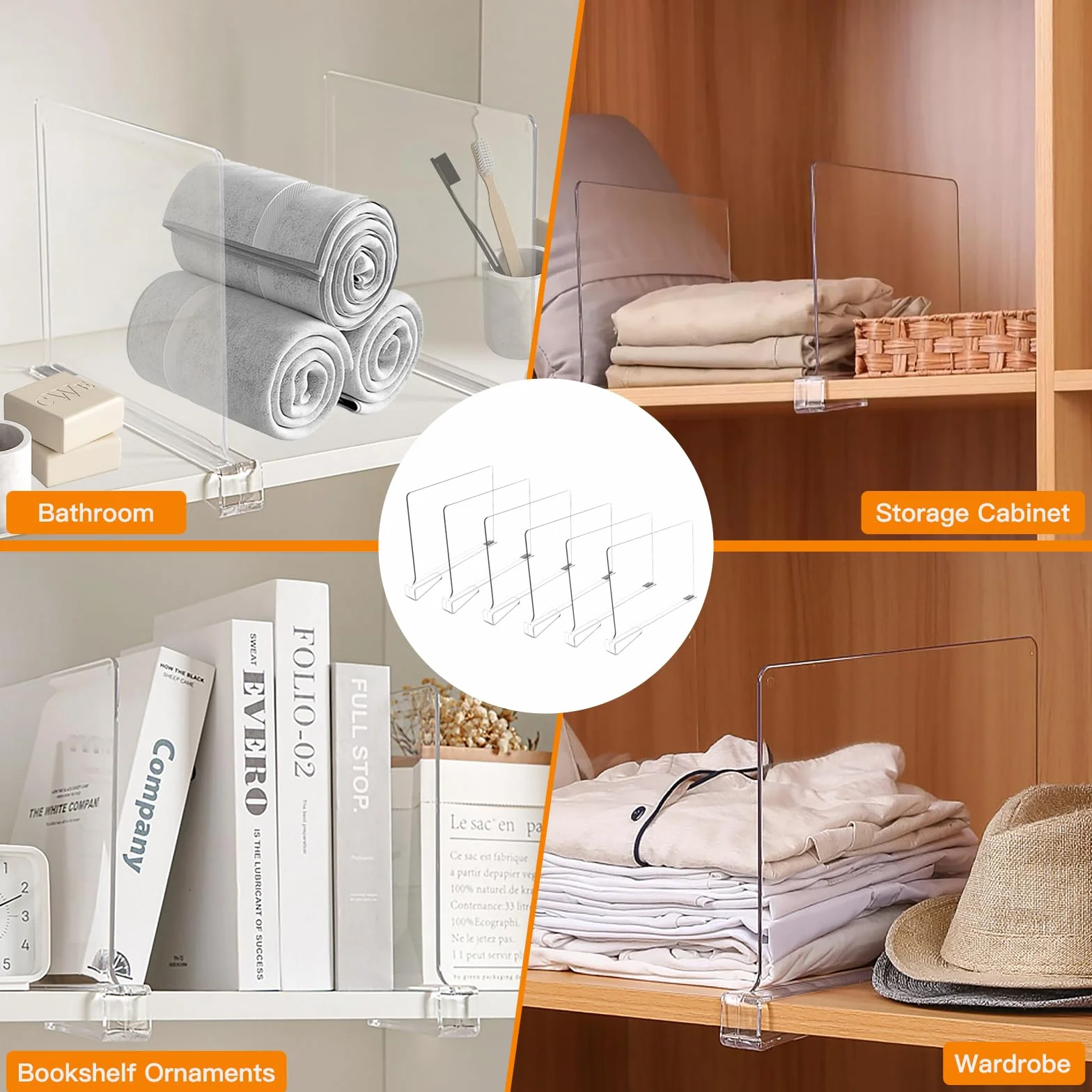 6 Pcs Divisori Scaffali Acrilico Trasparenti, Divisorio Organizer Armadio Interno, Ripiani Multifunzione Regolabile, Mensole Verticale Guardaroba Staccabili per Camera Letto, Cucina, Ufficio, Cassetti