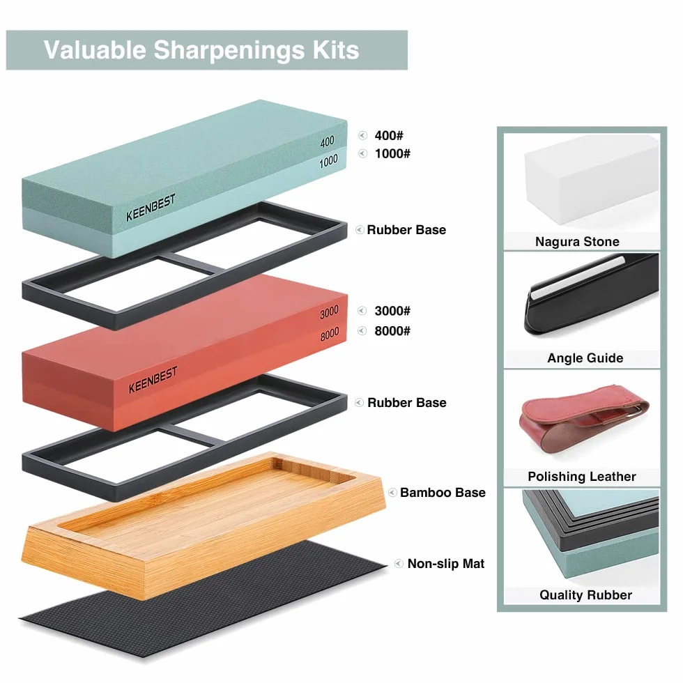 KEENBEST Real Grit - Set di pietre per affilare giapponesi 400 1000 3000 8000