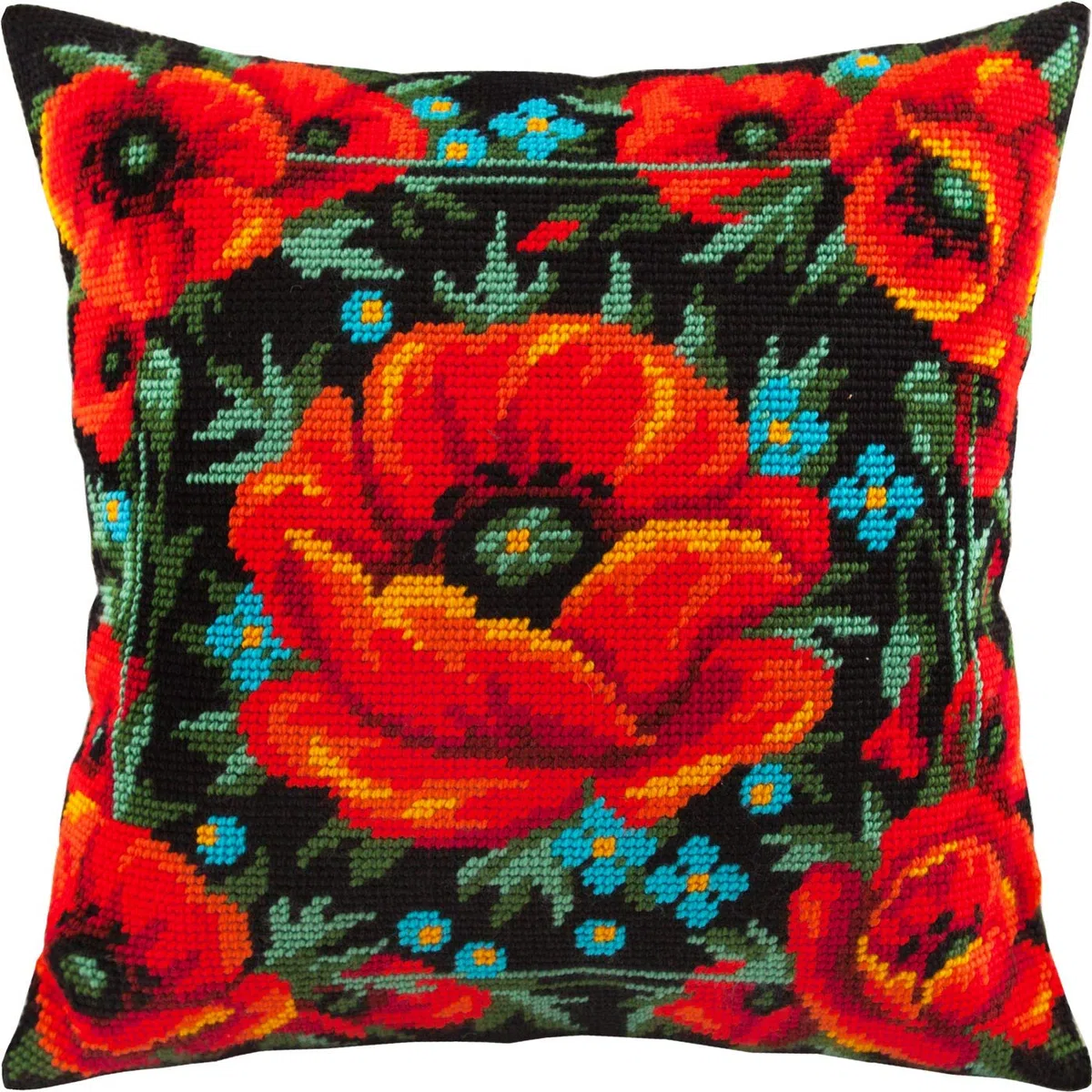 Meadow of Poppies - Kit Mezzo Punto Ricamo, Cuscino da Ricamo, 45,5 x 45,8 cm, Motivo Meadow of Poppies