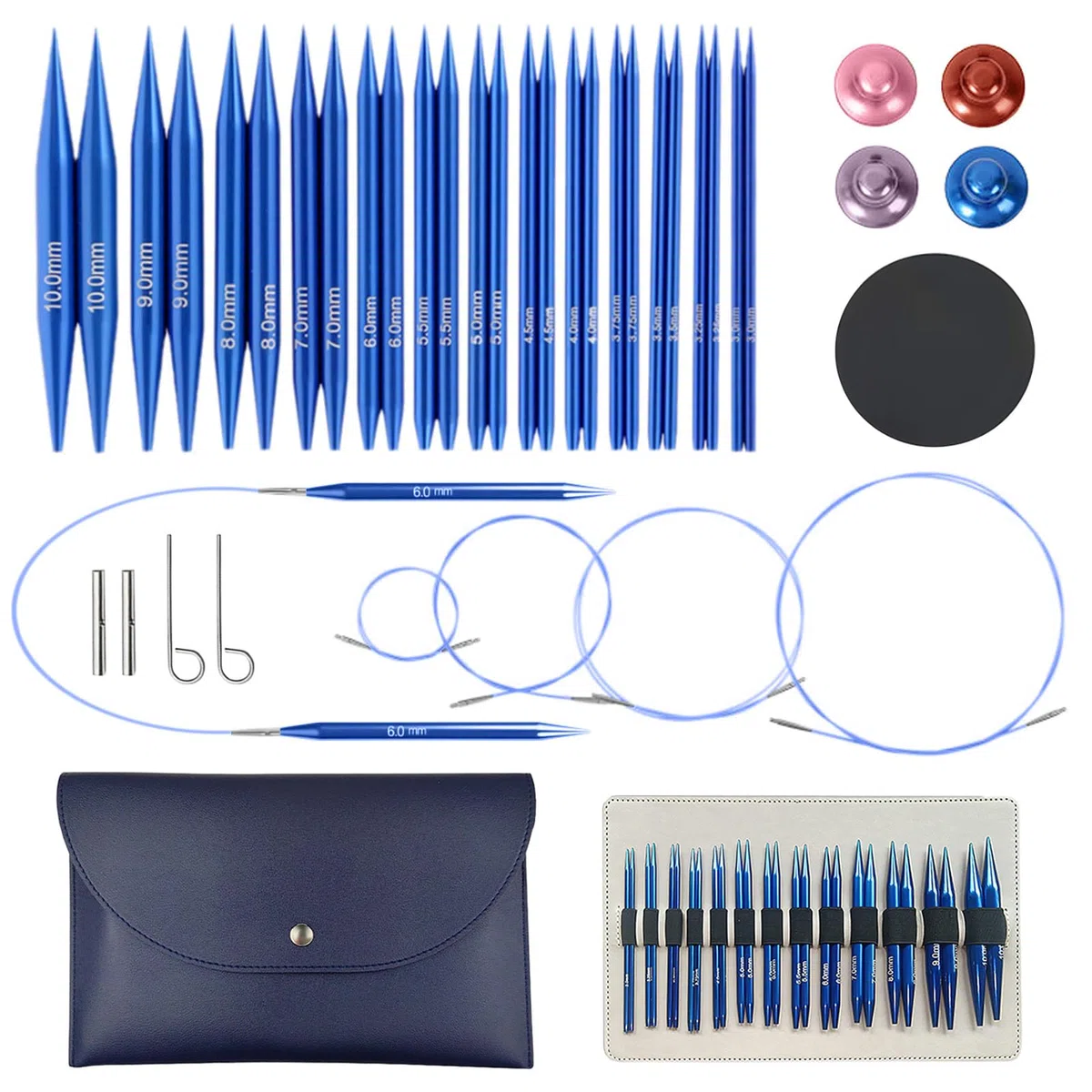 Set di ferri circolari intercambiabili con custodia in pelle, 13 paia di ferri da maglia circolari da 3,0 a 10,0, in metallo con 4 cordoncini 40cm/60cm/80cm/100cm, accessori principianti (blu)
