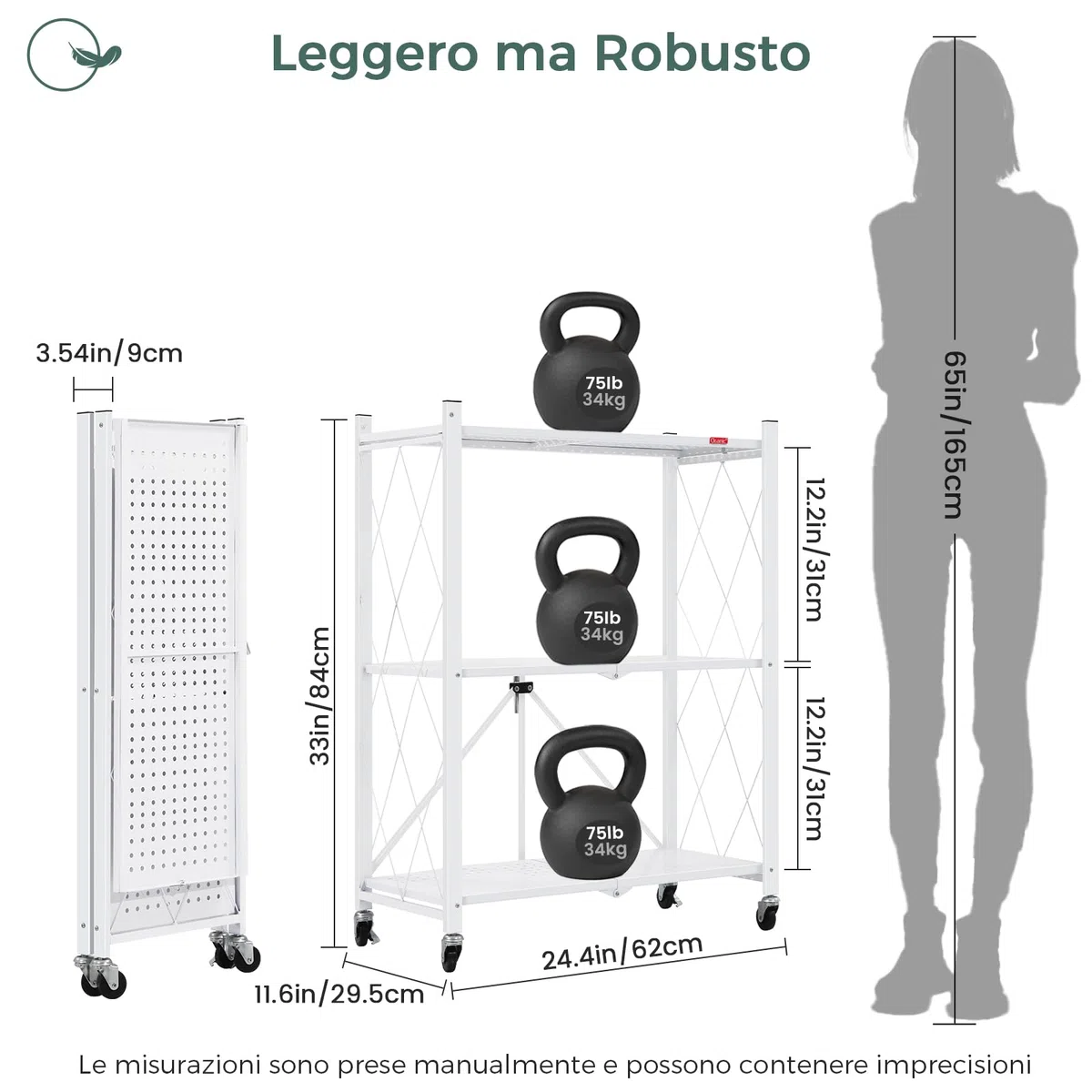 DEANIC Scaffali pieghevoli in metallo, a 3 ripiani, 61 x 85 x 28 cm, mensole angolari da cucina su ruote, mensole per dispensa, libreria per soggiorno, colore: bianco