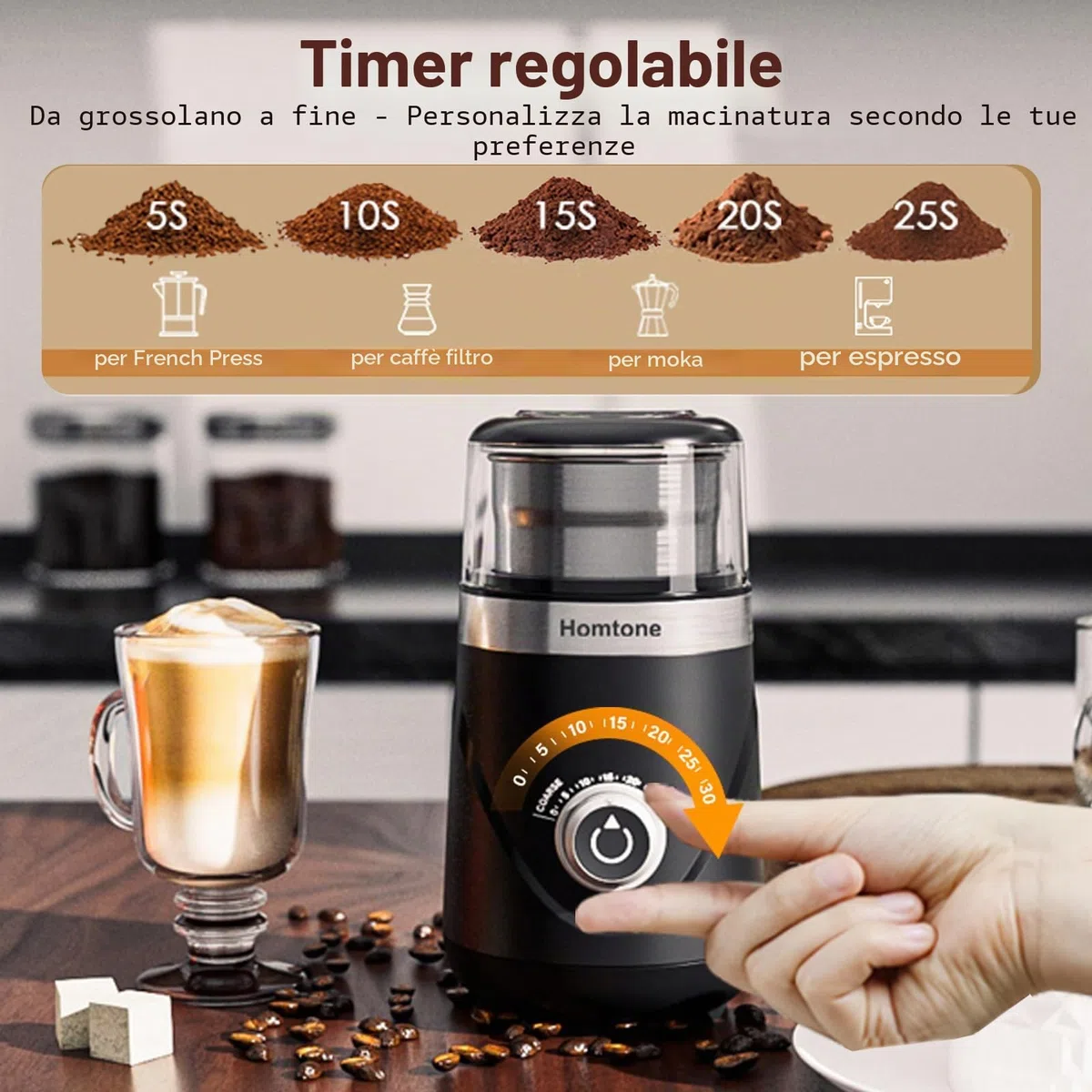 Homtone Macinacaffè Elettrico con Timer, Macinacaffè a Grana Regolabile con Due Contenitori Rimovibili in Acciaio Inox da 70g, Macinacaffè Silenzioso 63 dB, Ideale anche per Spezie