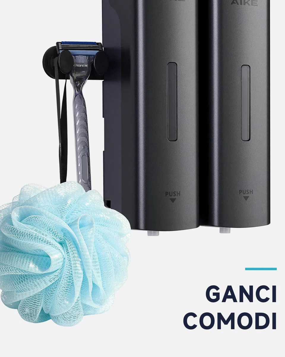 AIKE EasyPush Dispenser Doccia, Montaggio A Parete Senza Foratura Per Shampoo & Balsamo, Risparmia Spazio, Doppio