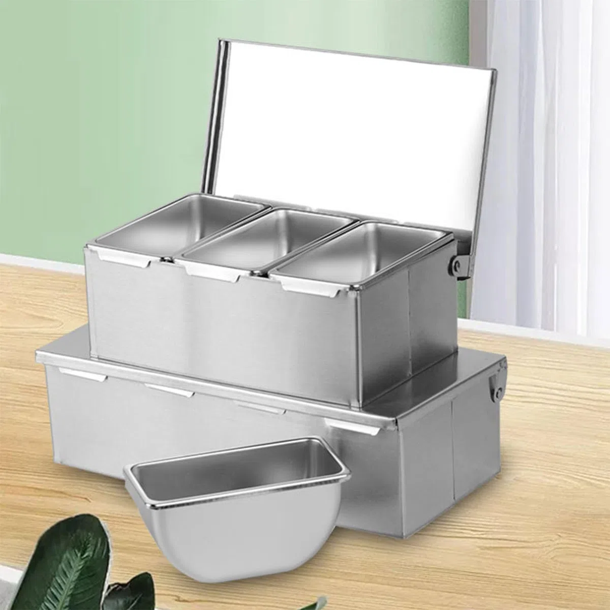 Scatola per condimenti in acciaio inossidabile, vassoi a 4 scomparti Contenitore per condimenti refrigerati Custodia di grande capacità Parte da snack Farina Prodotti secchi Frutta