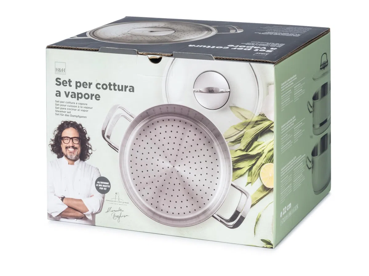 H&H Alessandro Borghese Vaporiera in Acciaio Inox 18/10, Triplo Fondo, 22cm, con Coperchio in Vetro e Cestello in Acciaio Inox