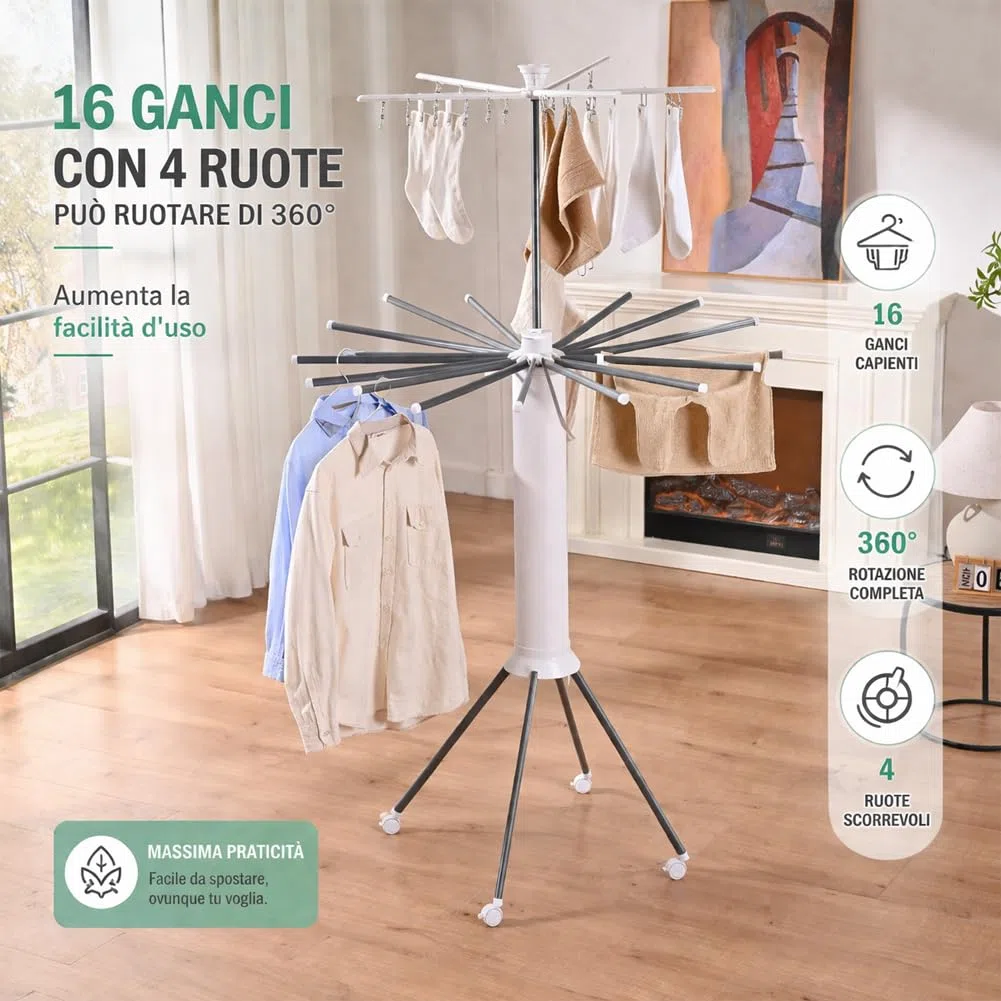 BAKAJI Stendibiancheria Octopus Girevole e Pieghevole con 16 Aste e 3 Gambe, Stendino con Ruote Salvaspazio per Interni e Esterni, Alta Capacità per Asciugatura Omogenea, Supporto Panni Design Moderno