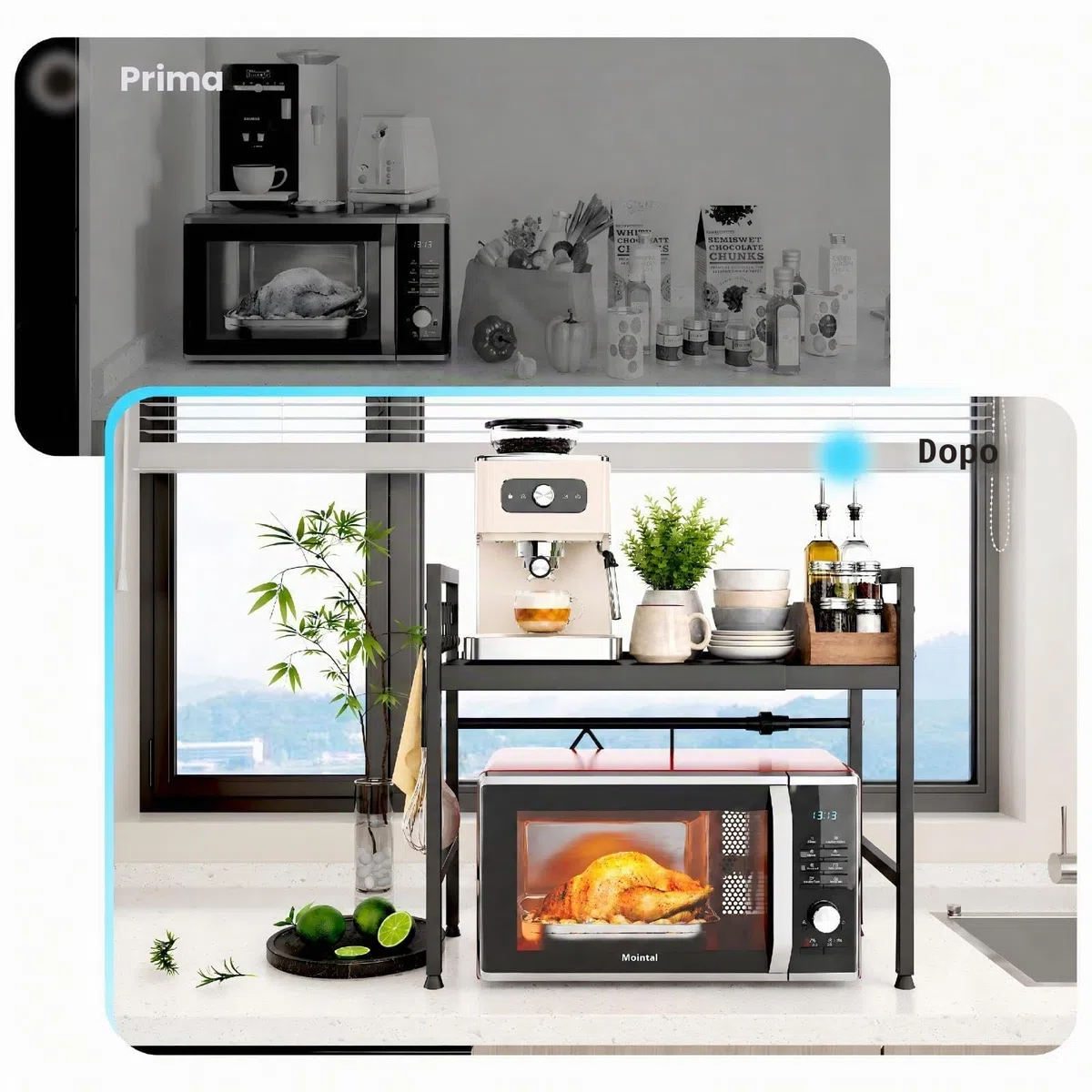 Ripiano Espandibile per Microonde, Mensola a 2 Livelli per Risparmio Spazio in Cucina, Supporto Microonde in Acciaio al Carbonio, Organizzatore di Stoccaggio per Cucina con 8 Ganci, Nero