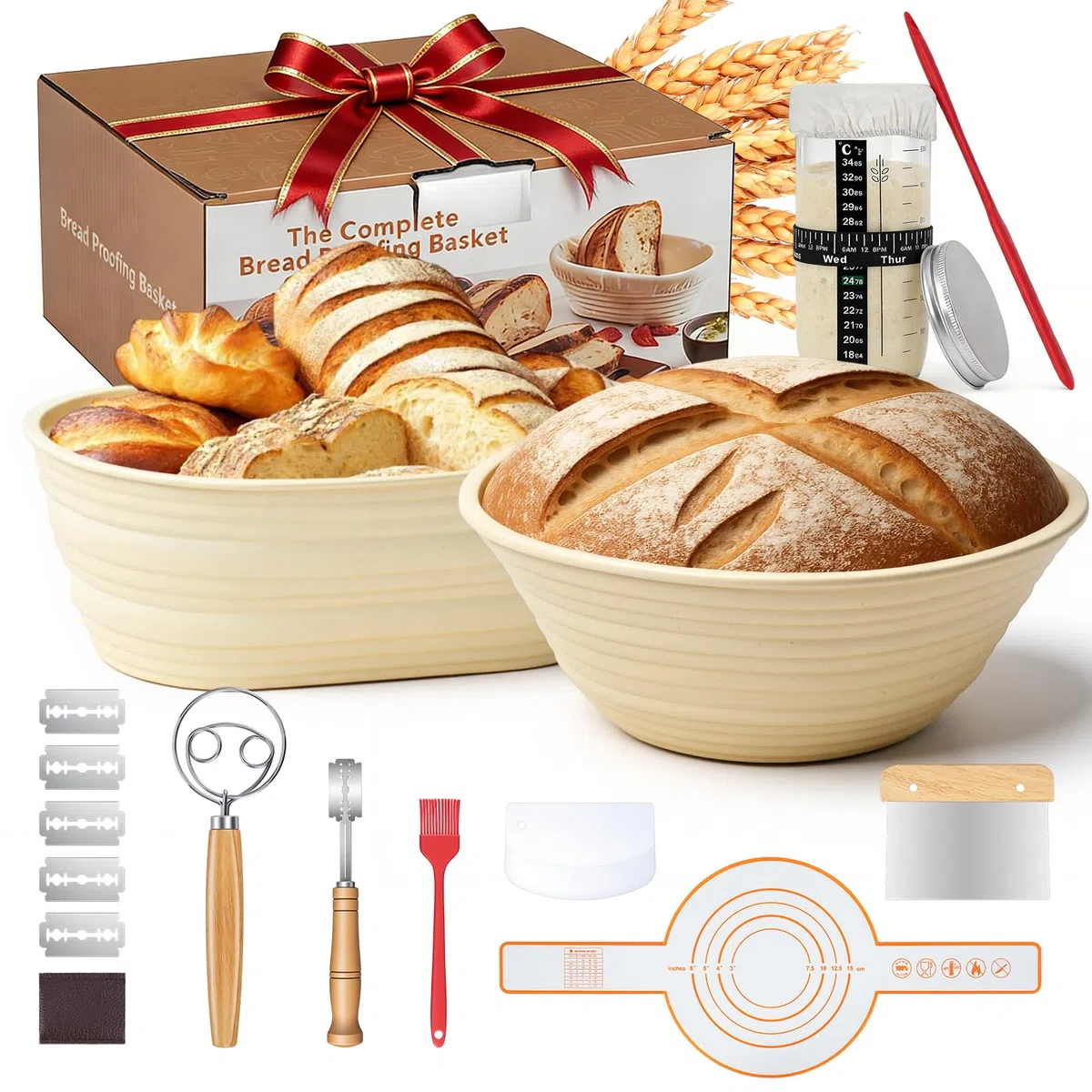 19 Pezzi Set di Cestini Lievitazione Pane 23cm e 25cm Cestino Lievitazione Pane con Raschietto per Pasta, Frusta per Impasto Kit Completo per Pasta Madre per Principianti, Panettiere Esperto