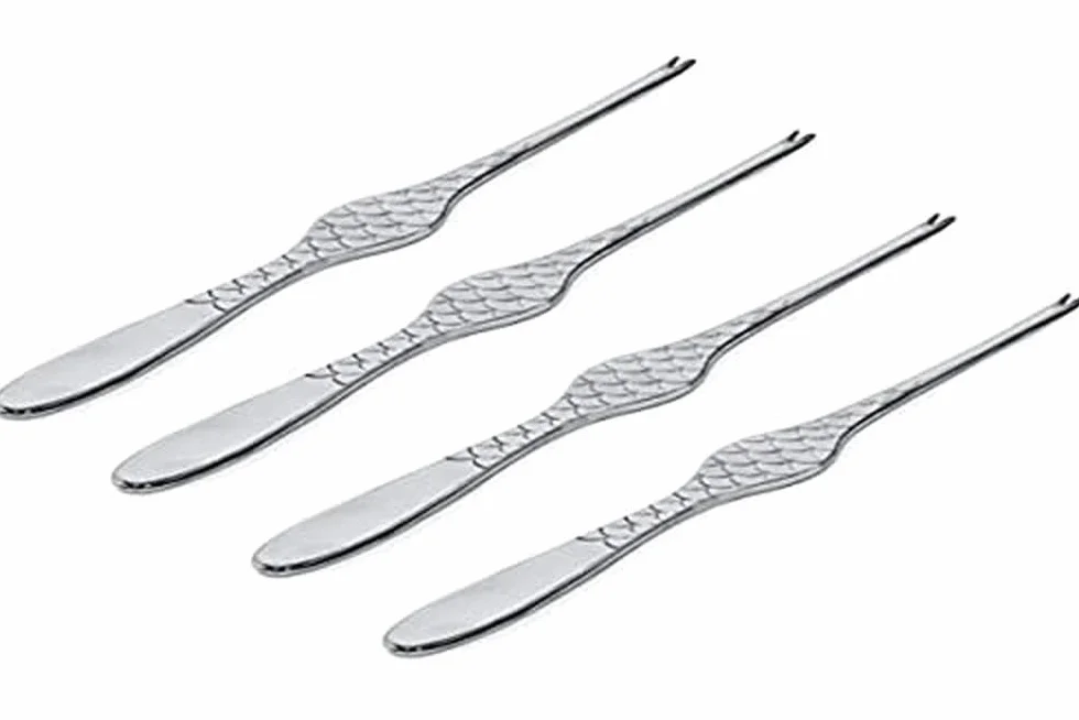 Alessi FM23/43S4 Colombina Fish, Set di Quattro Forchettine per Crostacei in Acciaio Inossidabile 18/10, Colore: Argento, bambú, Finitura Lucida, 4 unità