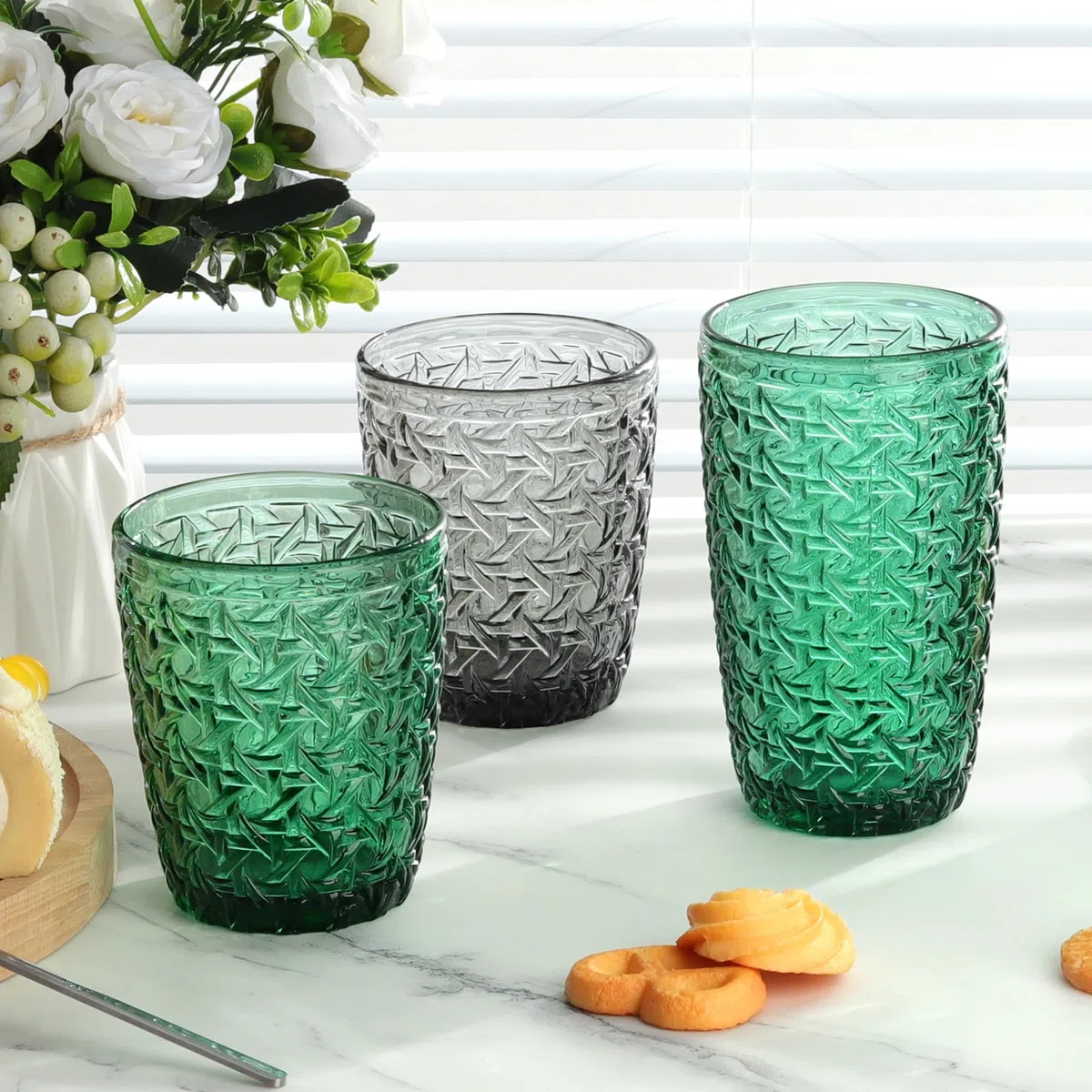 Joeyan Verde Bicchieri Acqua Vetro,Impilabile Colorati Long Drink Tumbler Highball Vetro per Succhi Bevande Cocktail caffè,380 ml,Set da 4 Pezzi,Lavabile in Lavastoviglie