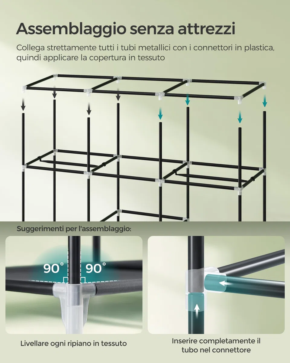 SONGMICS Armadio in Tessuto, Guardaroba Pieghevole con Barra di Sospensione, Appendiabiti, Scaffale per Borse, Giocattoli, Scarpe, Soggiorno, Camera da Letto, 150 x 45 x 175 cm, Grigio RYG12G