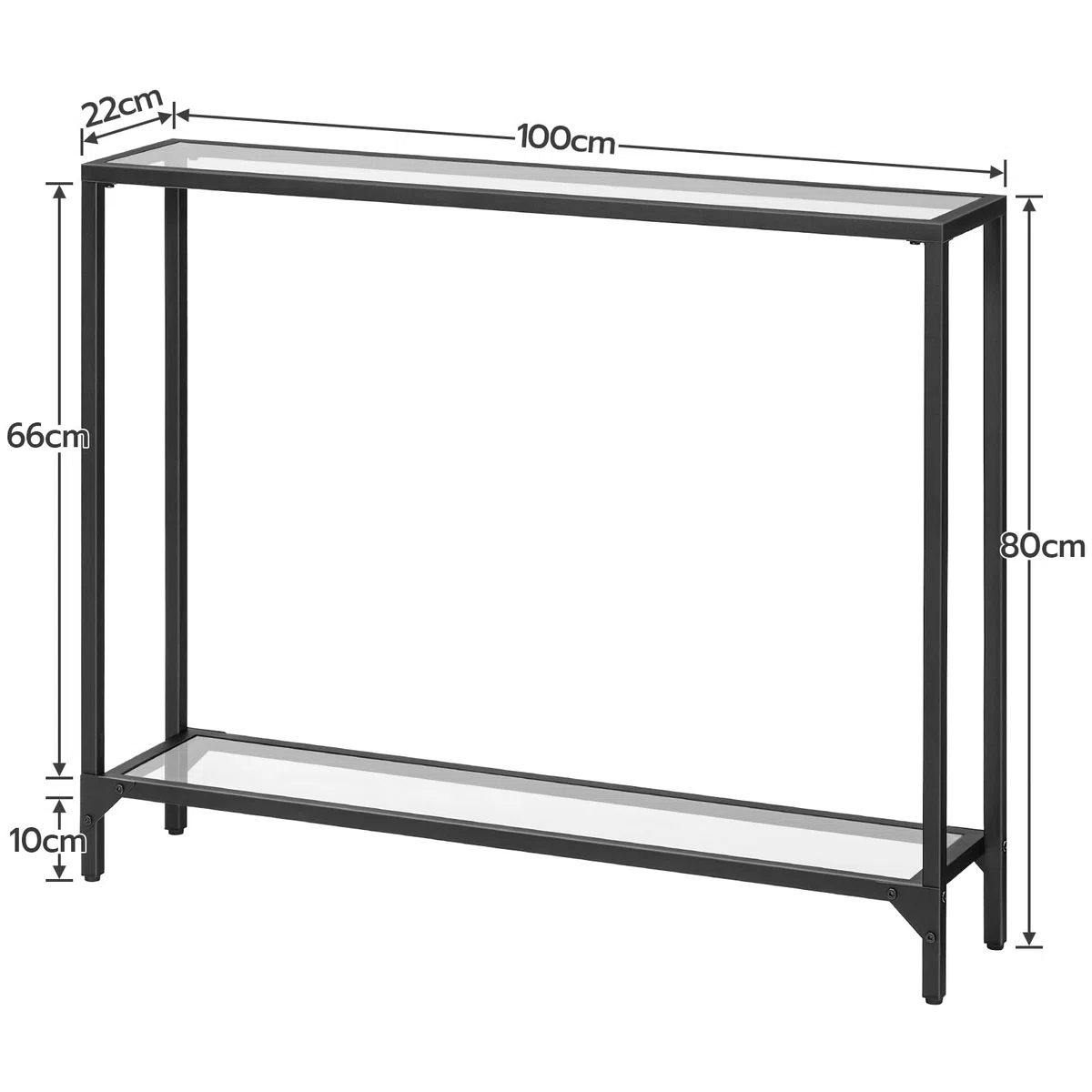 HOOBRO Consolle a 2 ripiani, in vetro, sottile, per corridoio, con 2 ripiani, 100 x 22 x 80 cm, in vetro temperato, tavolino da esposizione moderno per soggiorno, piccolo spazio, nero EBK04XG01